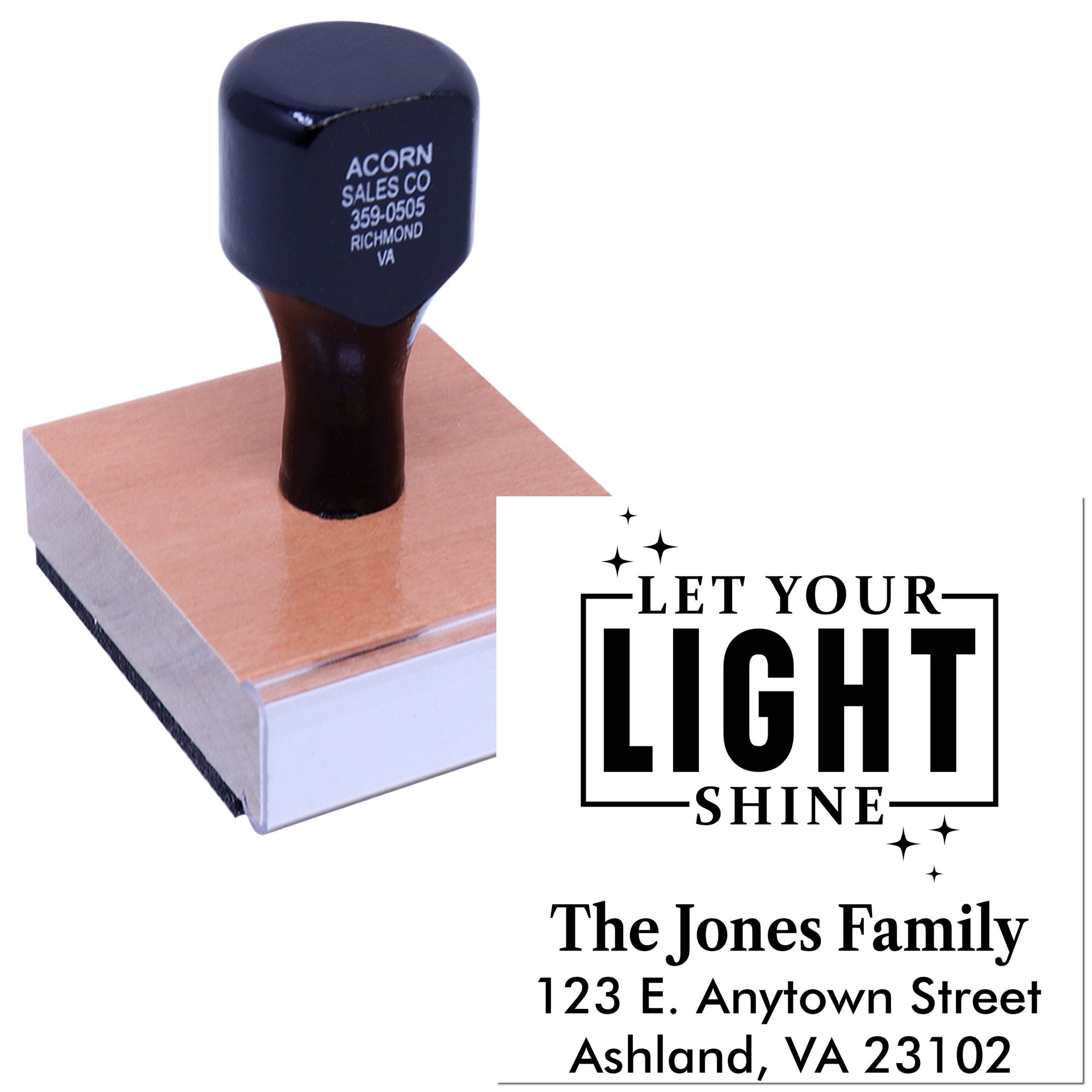 Personalized rubber address stamp with Let Your Light Shine design for The Jones Family return address.