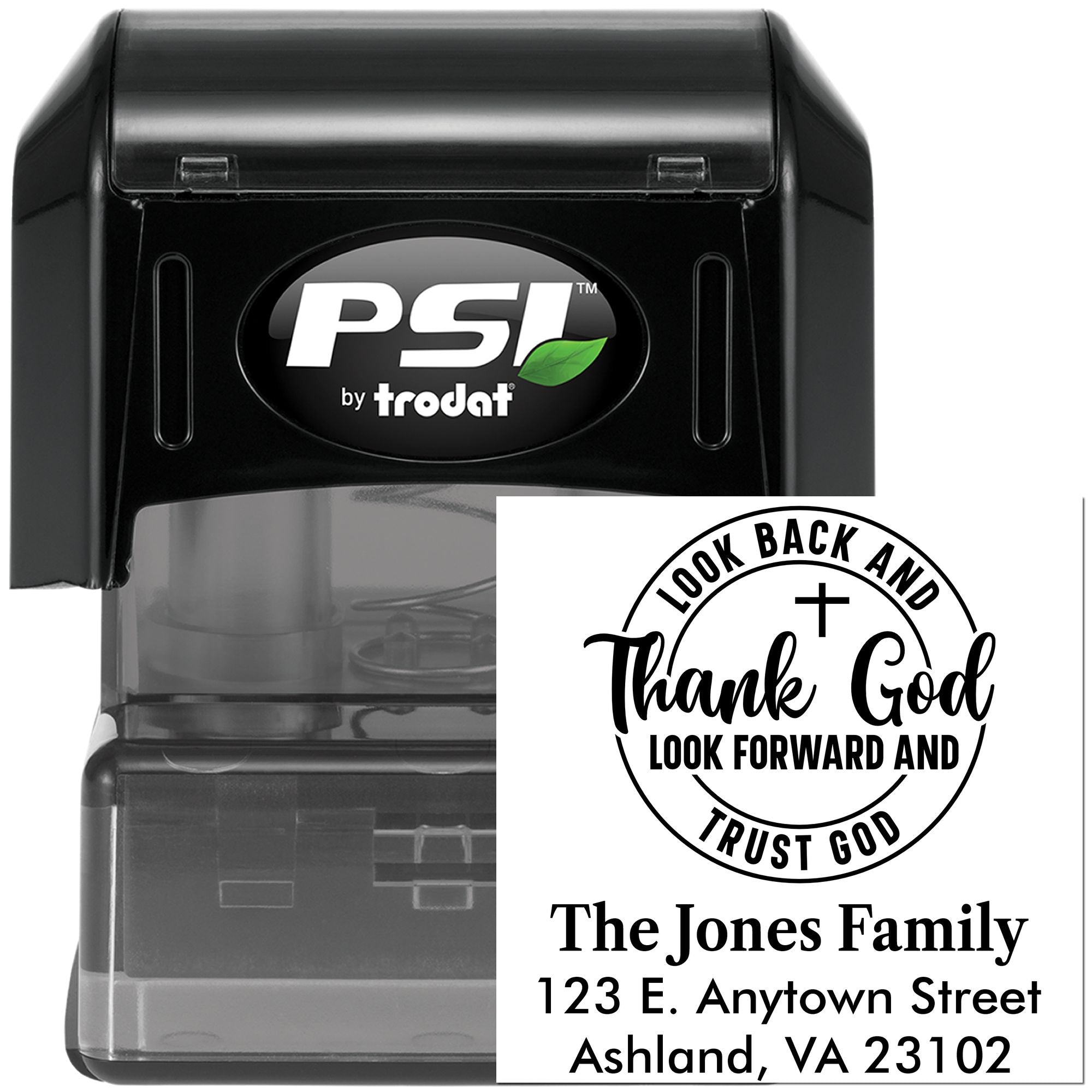 Custom self-inking rubber stamp for return addresses, featuring Christian quote and personalized family name imprint.