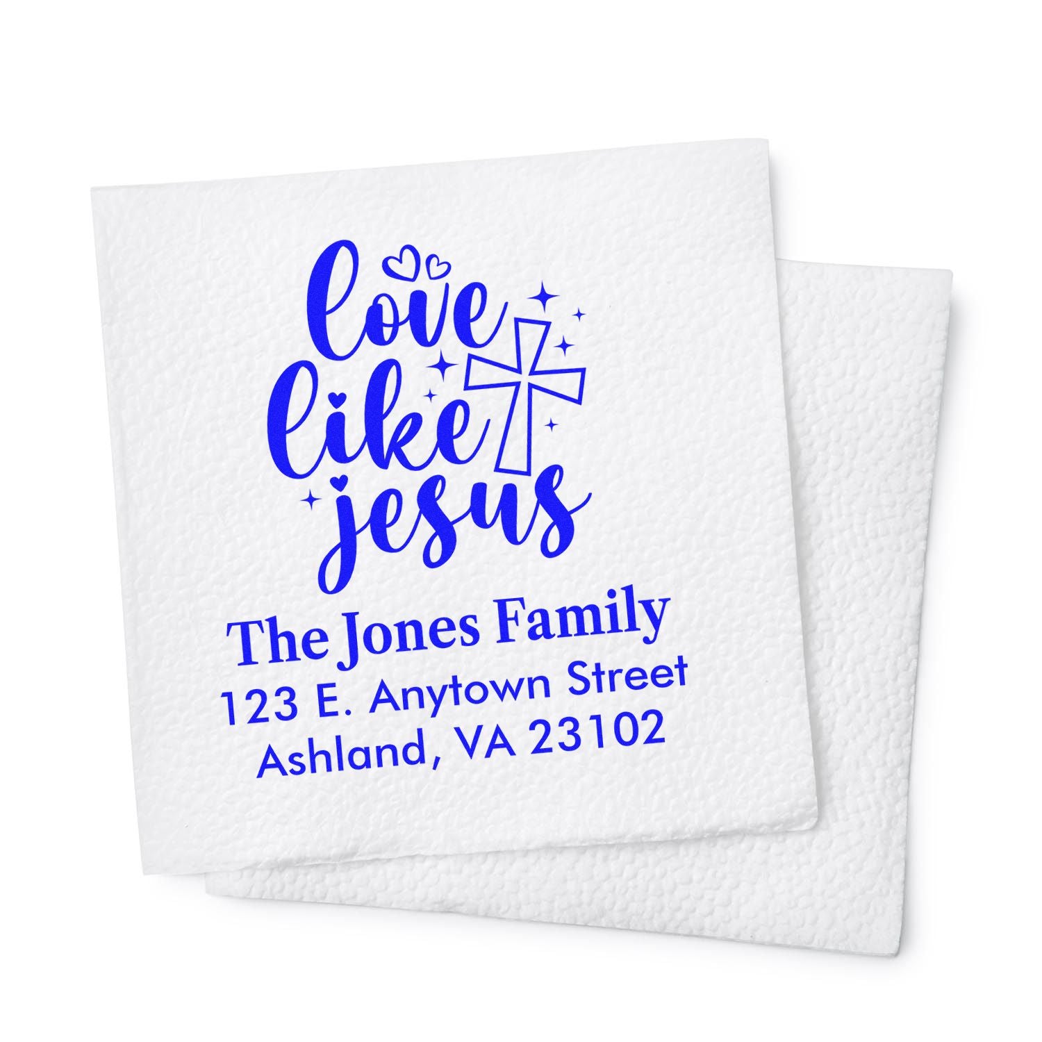 Custom Christian rubber stamp with Love Like Jesus and family name/address for return address envelopes.