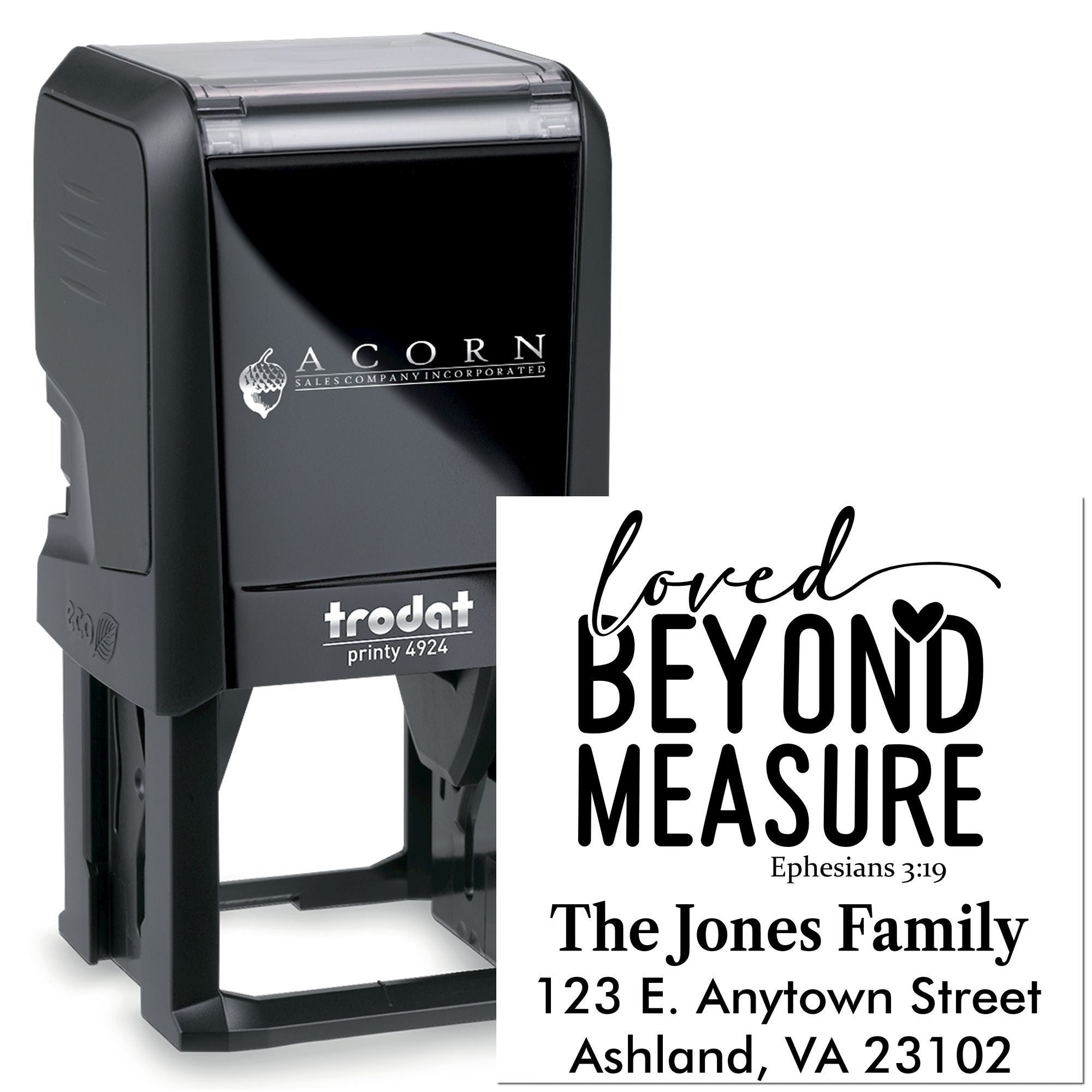 Custom self-inking rubber stamp with faith-inspired return address design for The Jones Family, Trodat Printy 4924.