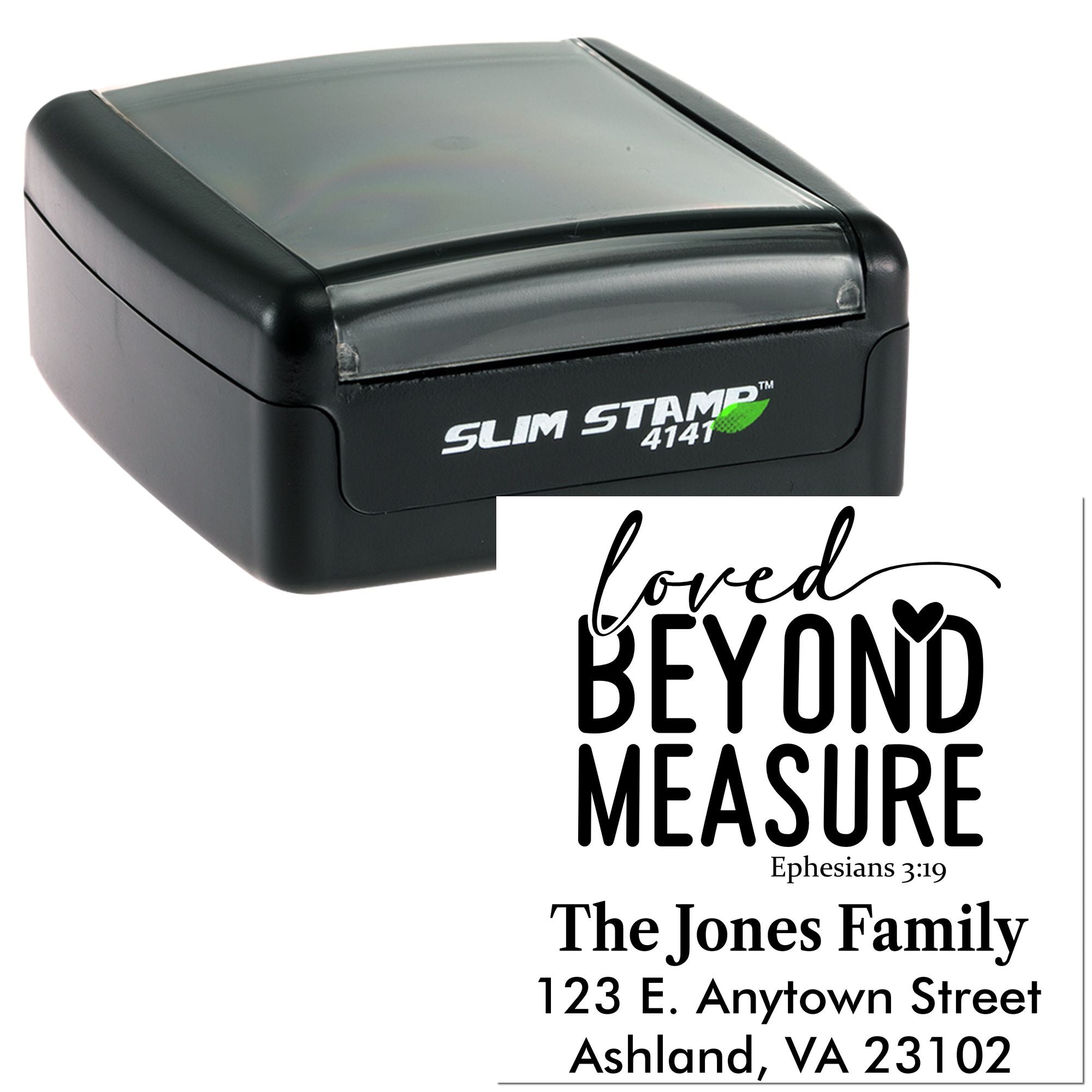 Custom self-inking rubber stamp with Loved Beyond Measure faith-based family address design for personalized mailing and gifts.