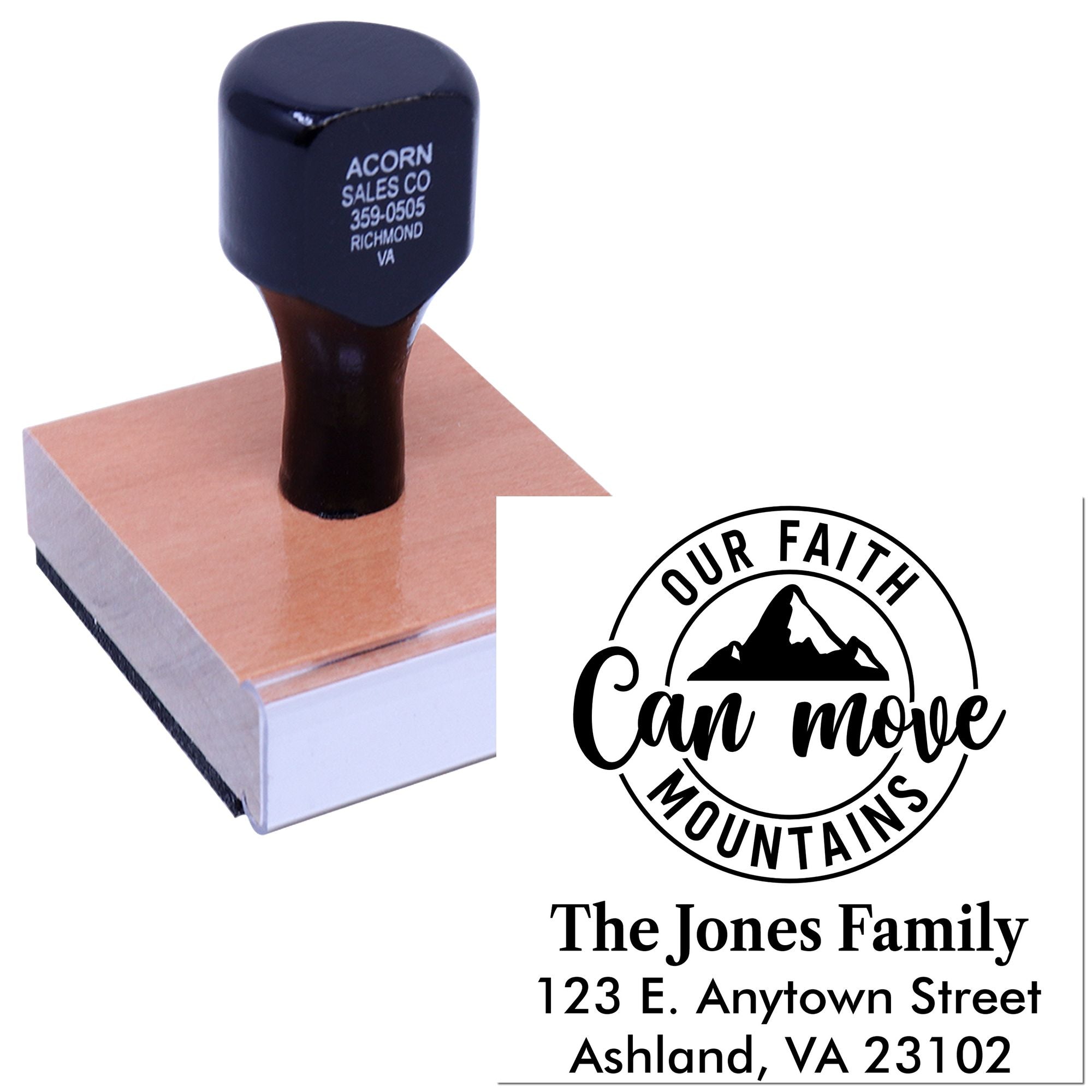 Custom family address rubber stamp with mountain faith logo for The Jones Family, Ashland, VA.