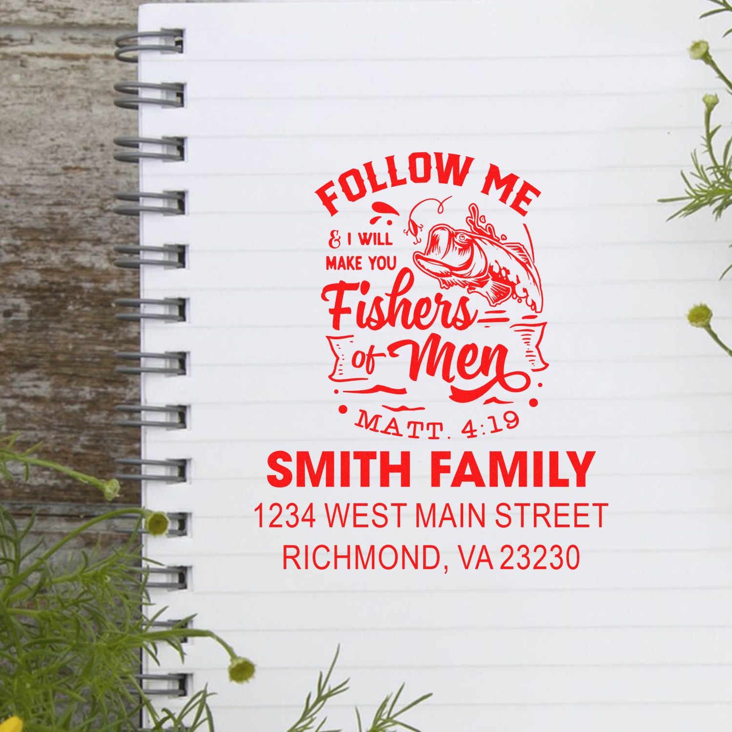 Custom Christian fishing rubber stamp with "Follow Me" Bible verse, Smith Family name, and personalized Richmond, VA address.