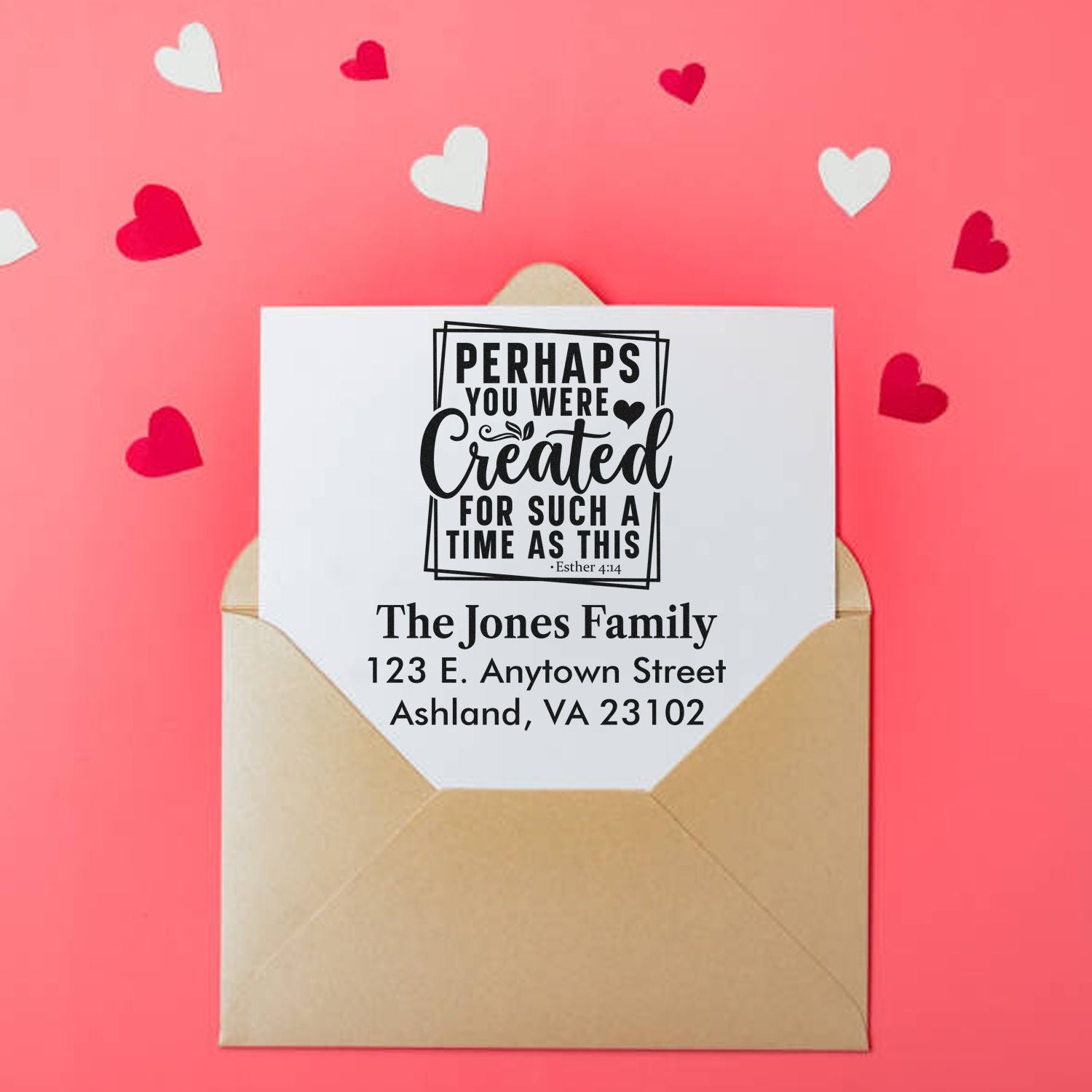 Custom Christian address rubber stamp with Esther 4:14 verse and family mailing address on an envelope.