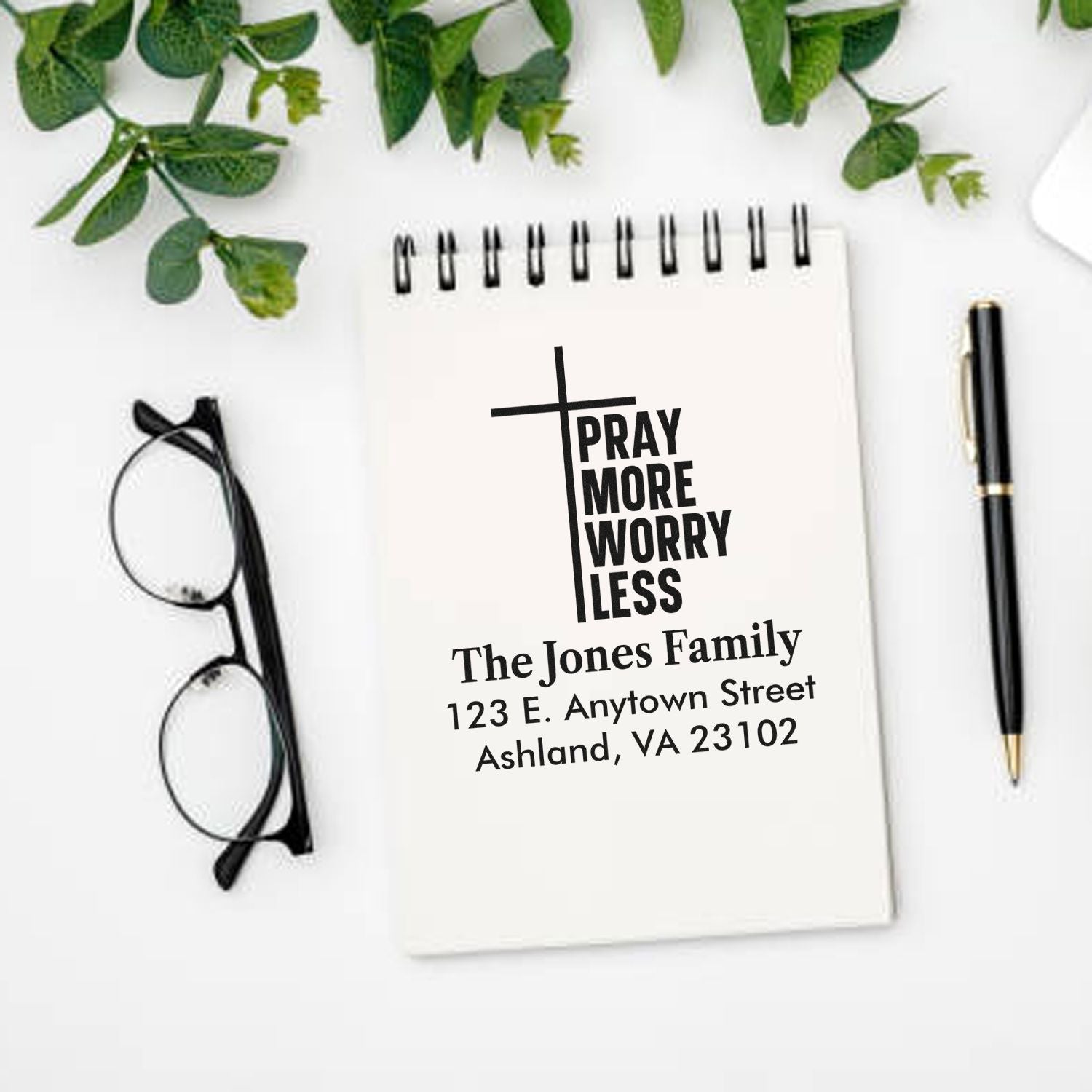 Personalized Christian rubber stamp with Pray More Worry Less cross and family return address.
