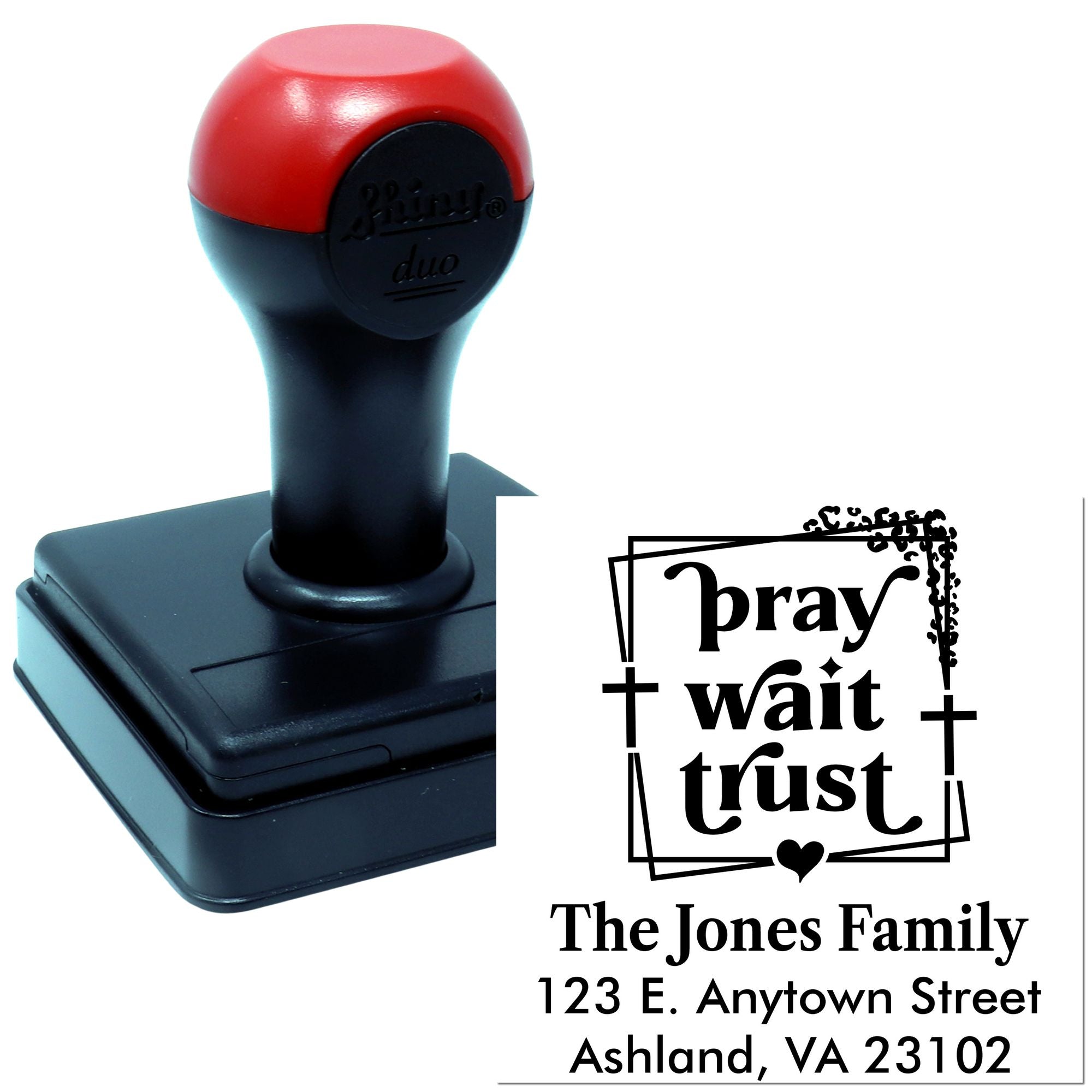 Custom self-inking rubber stamp with pray wait trust design and personalized family return address for faith-based mailing.