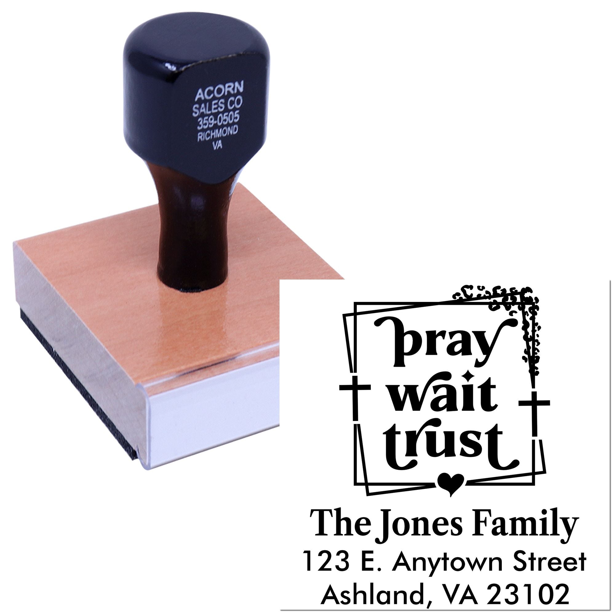 Custom rubber stamp with Pray, Wait, Trust design and return address for personalized faith-based mailings.