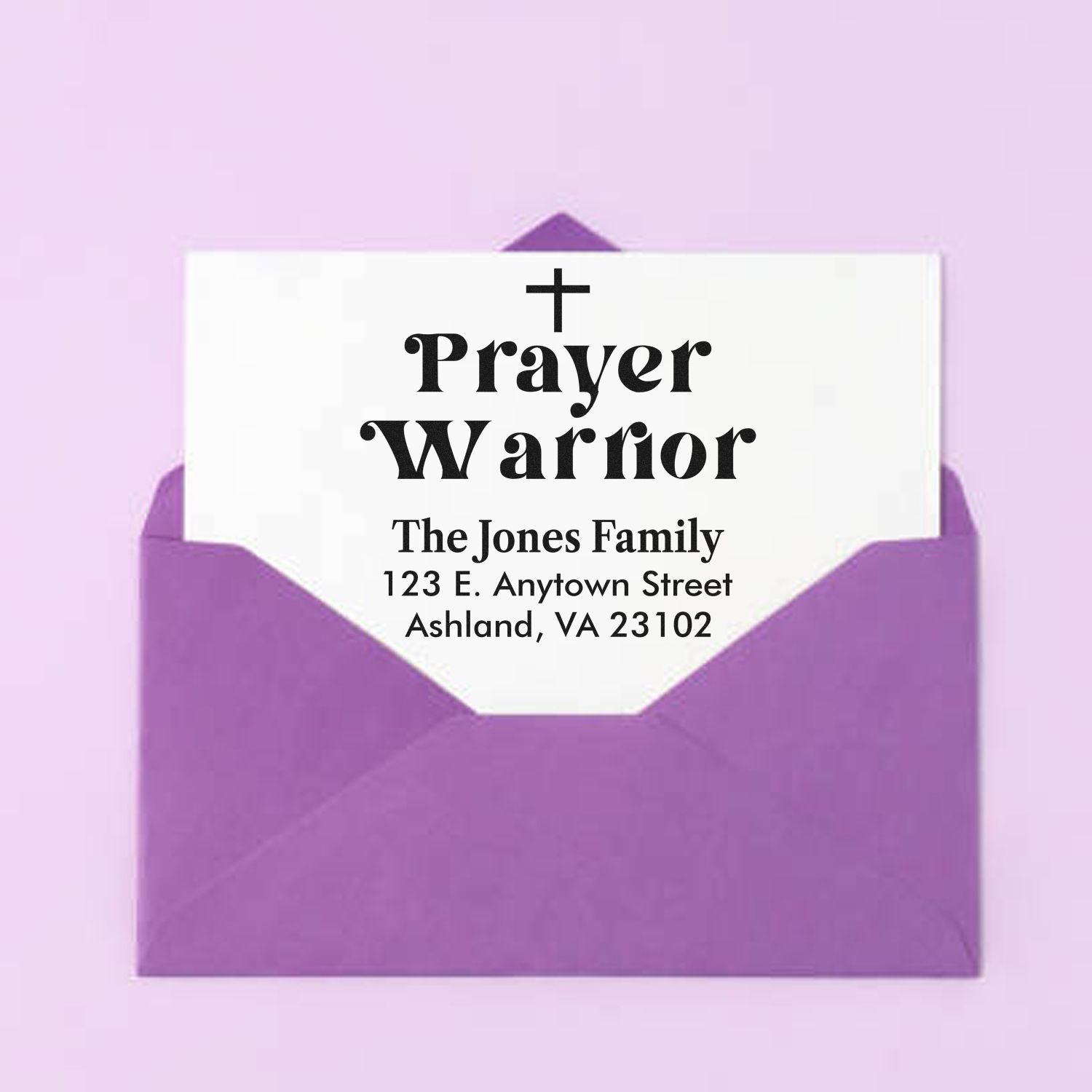 Custom Prayer Warrior return address rubber stamp with The Jones Family, Ashland, VA address for personalized Christian mail.