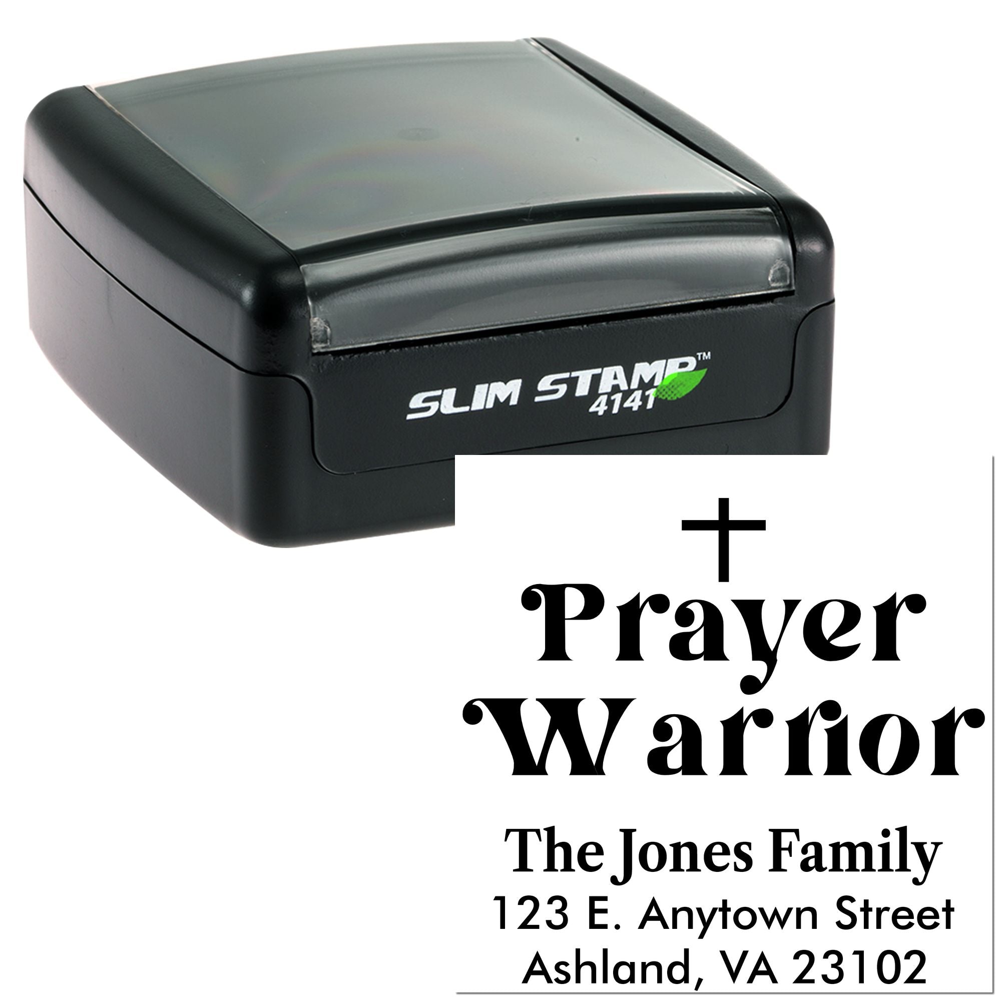 Custom self-inking rubber stamp for Prayer Warrior return address, featuring family name and address.