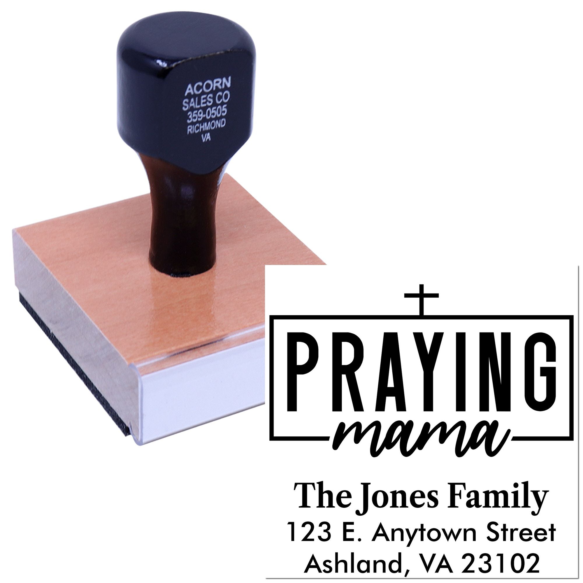 Custom Praying Mama rubber stamp with family name and address for personalized return addresses.
