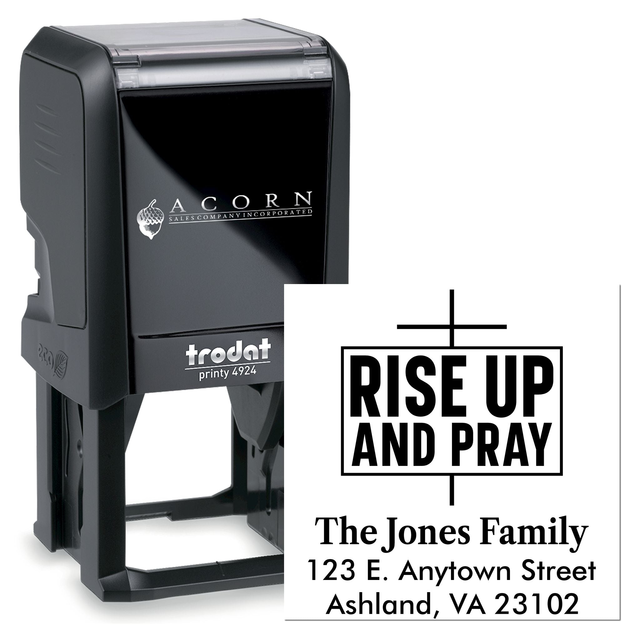 Custom self-inking rubber stamp with Rise Up and Pray and The Jones Family return address for Christian mail.