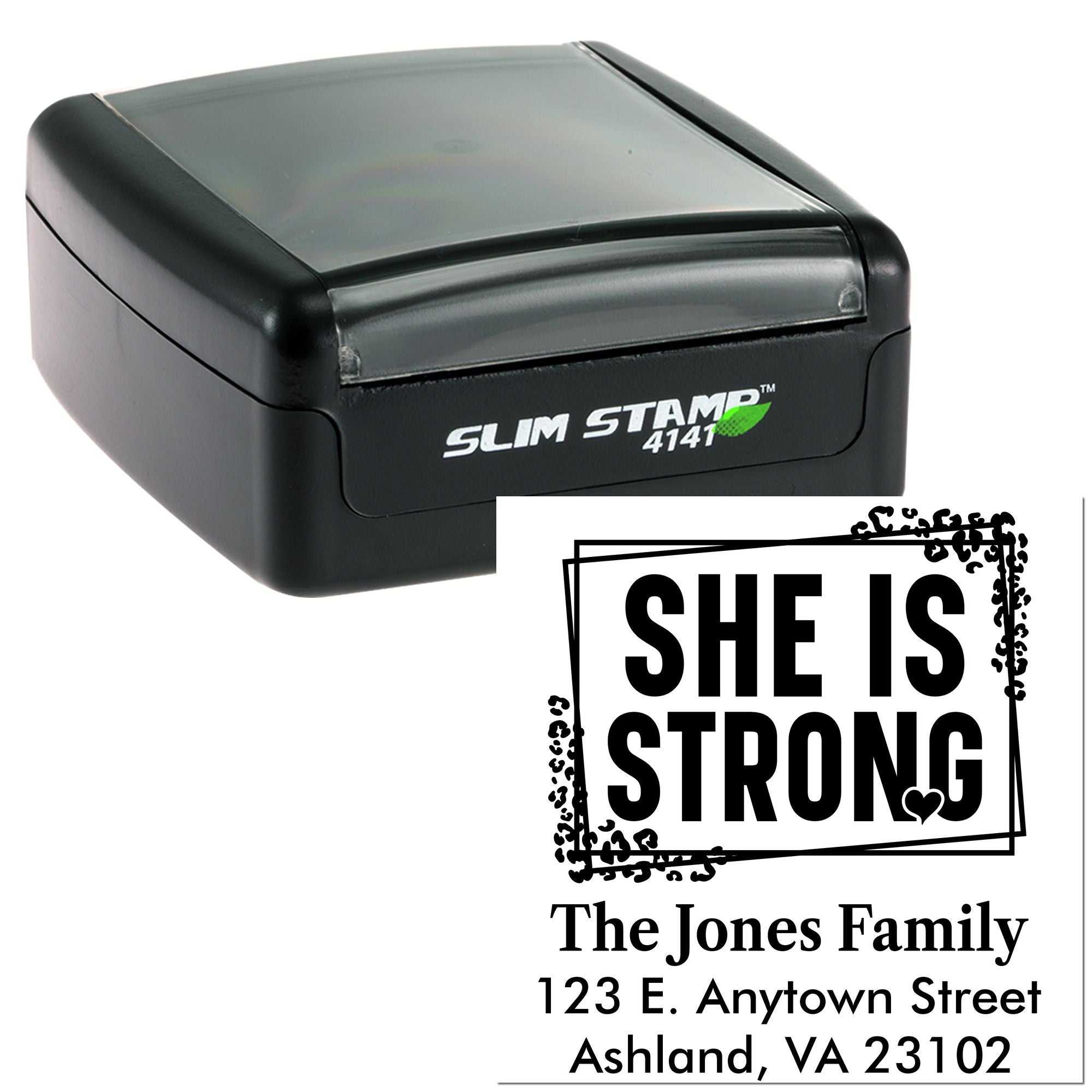 Slim Stamp 4141 self-inking rubber stamp with custom She Is Strong family address imprint for personalized mailing.