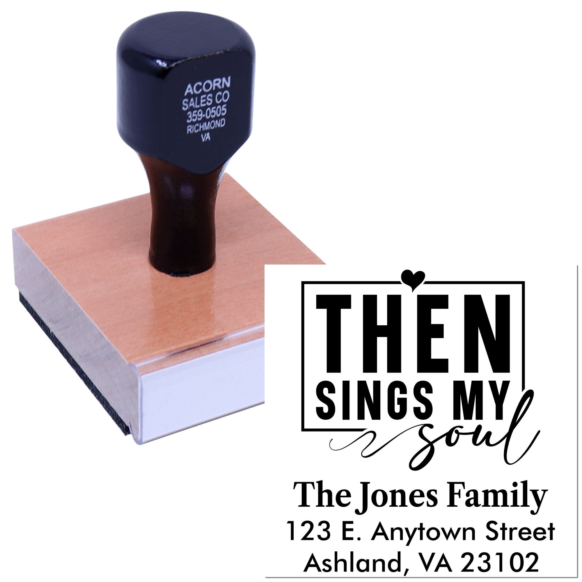 Custom personalized rubber stamp with Then Sings My Soul and family address for mailings.