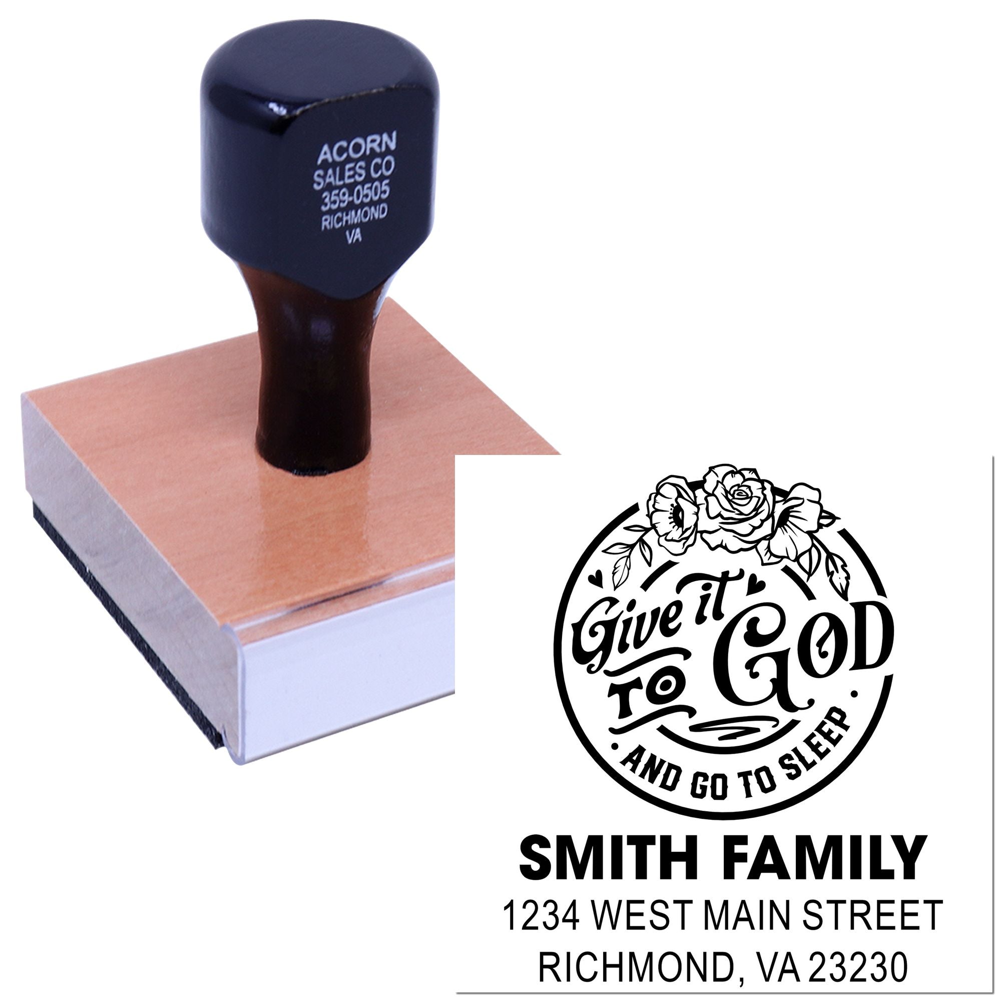 Custom self-inking rubber stamp with personalized family address design and Give it to God and go to sleep imprint.