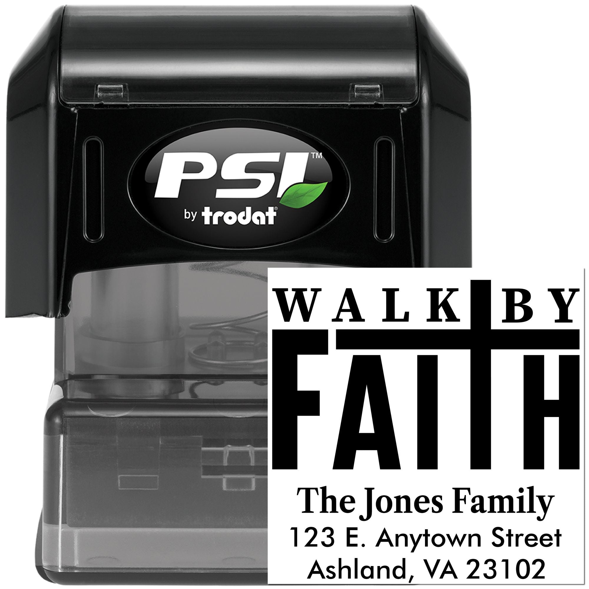Custom self-inking rubber stamp with Walk by Faith return address design, PSI by Trodat, ideal for church mailings and gifts