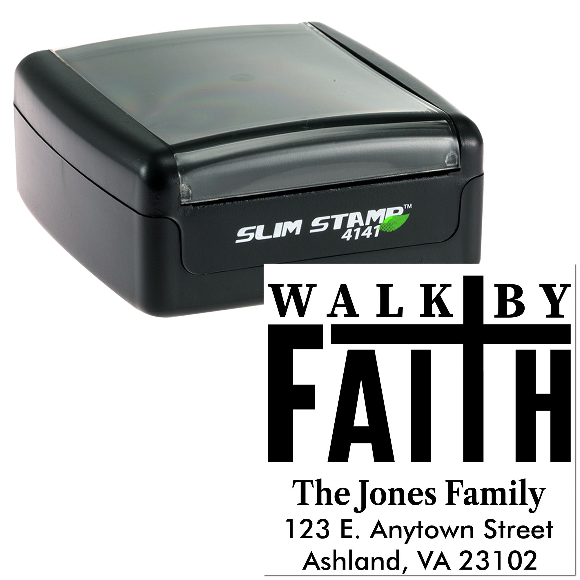 Custom self-inking rubber address stamp with Walk by Faith family design, Slim Stamp 4141, for personalized mailings.