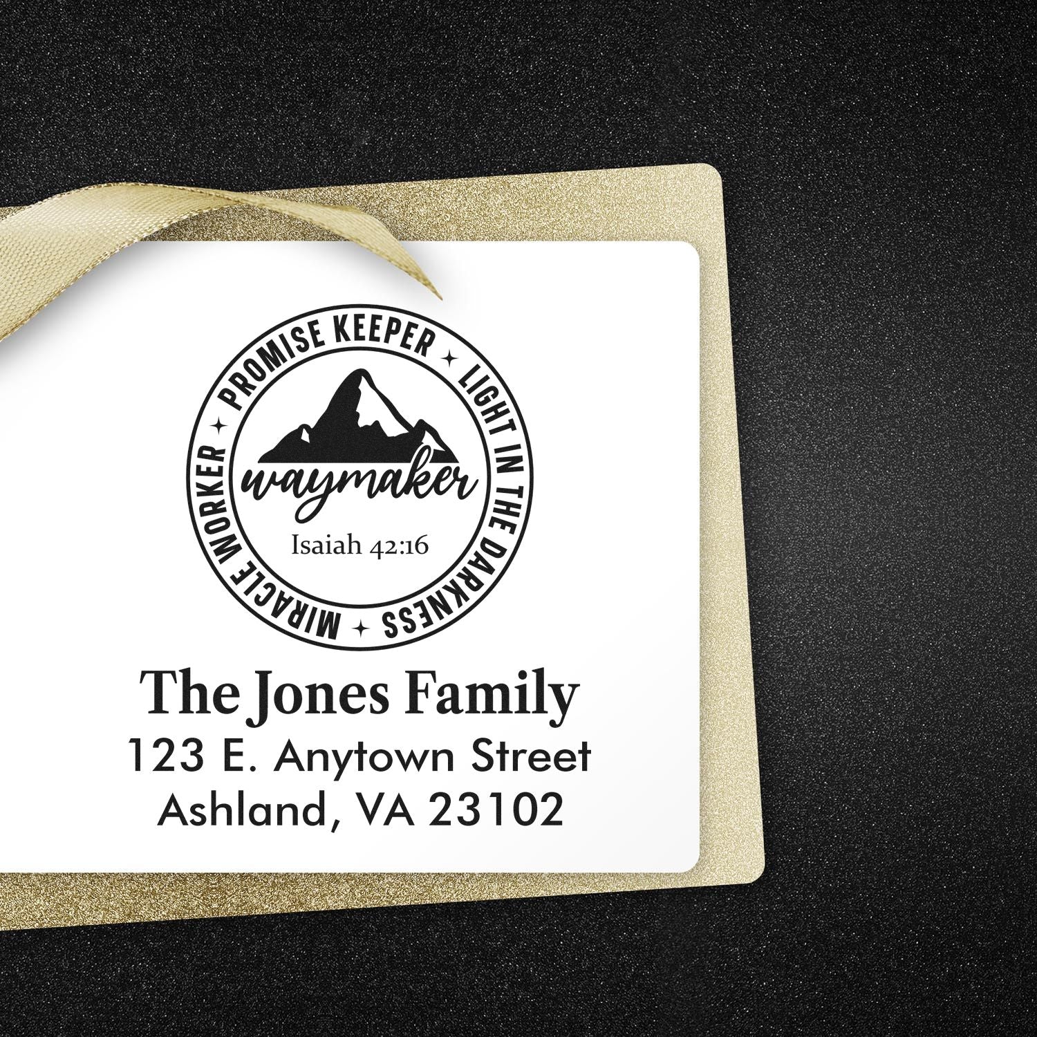 Custom Christian family return address rubber stamp with Waymaker Isaiah 42:16 design for The Jones Family.