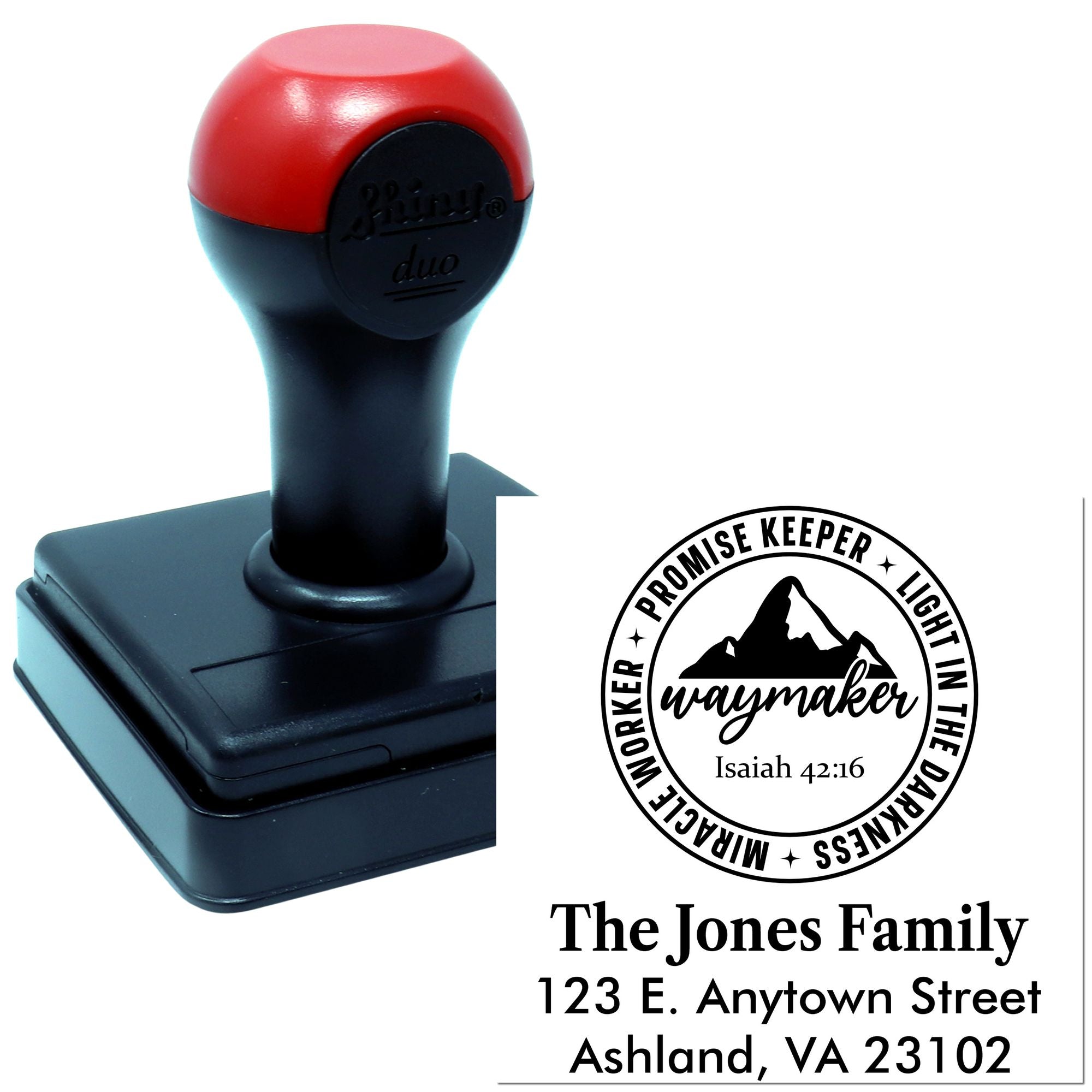 Personalized self-inking rubber stamp with faith-based family address design and Waymaker Isaiah 42:16 logo.