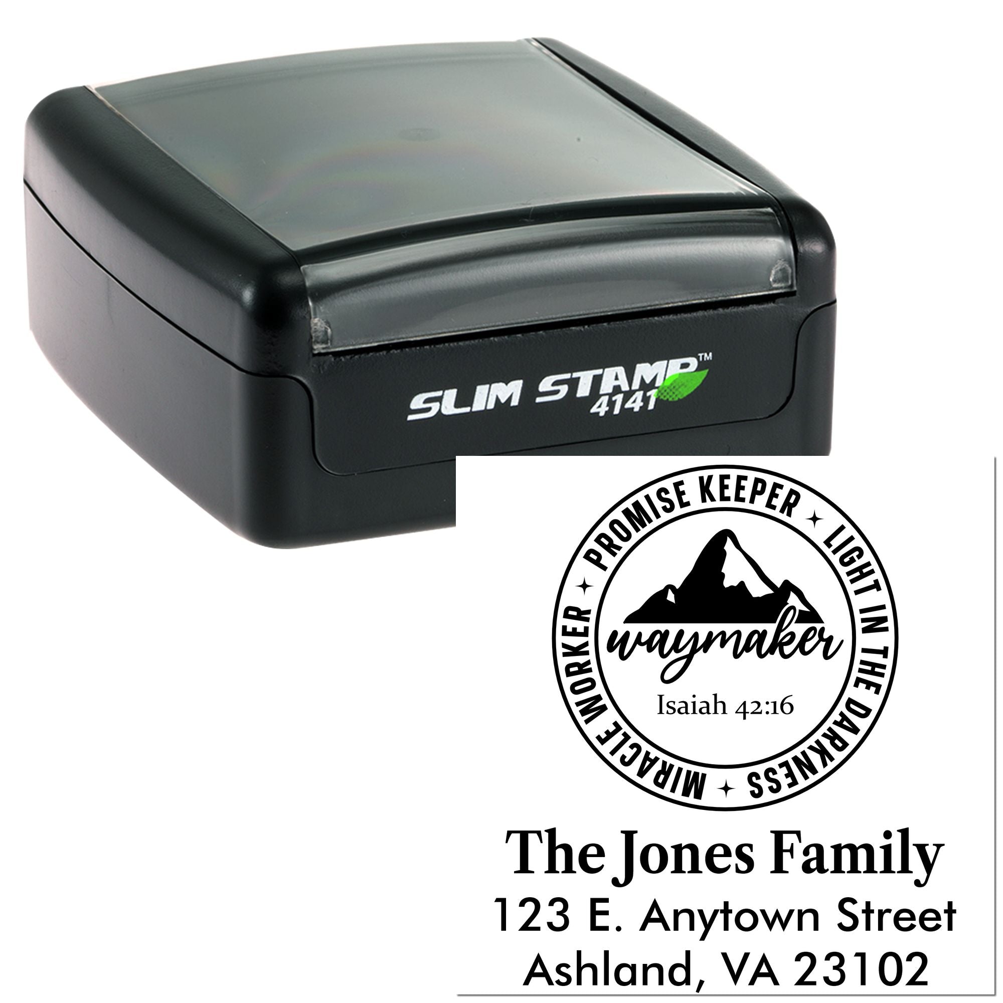 Custom self-inking rubber stamp with Waymaker family logo and address for personalized Christian return mailing.