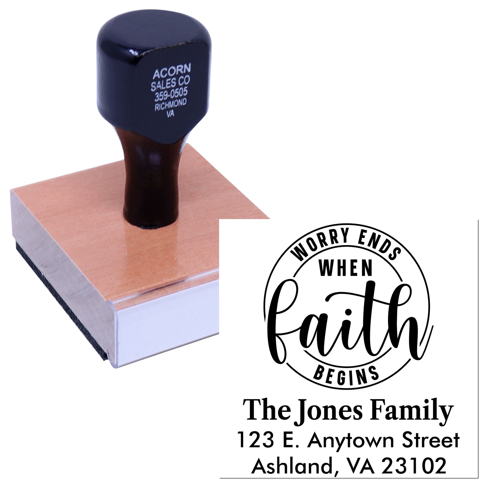 Custom rubber stamp with faith quote and personalized family address imprint for envelopes, cards, and mail.