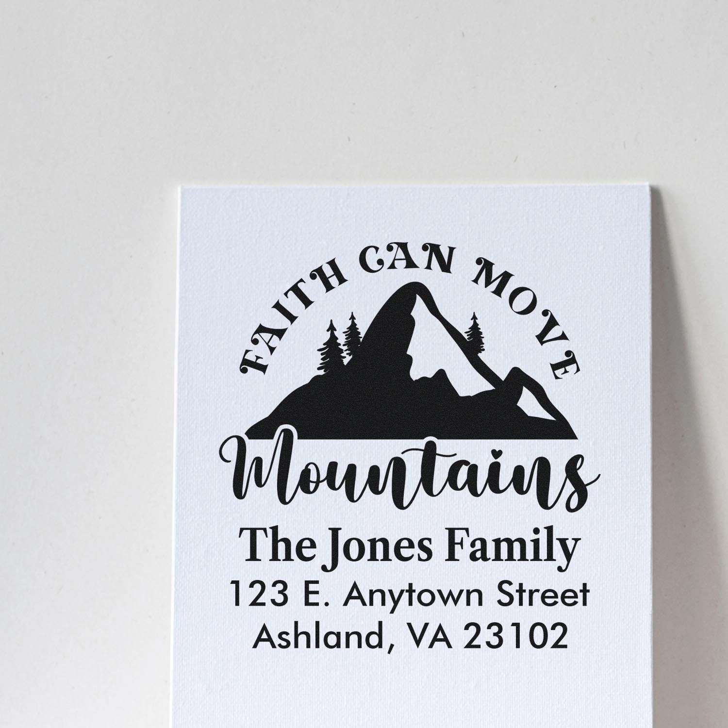 Custom Faith Can Move Mountains return address rubber stamp for The Jones Family with mountain design and Ashland, VA address.