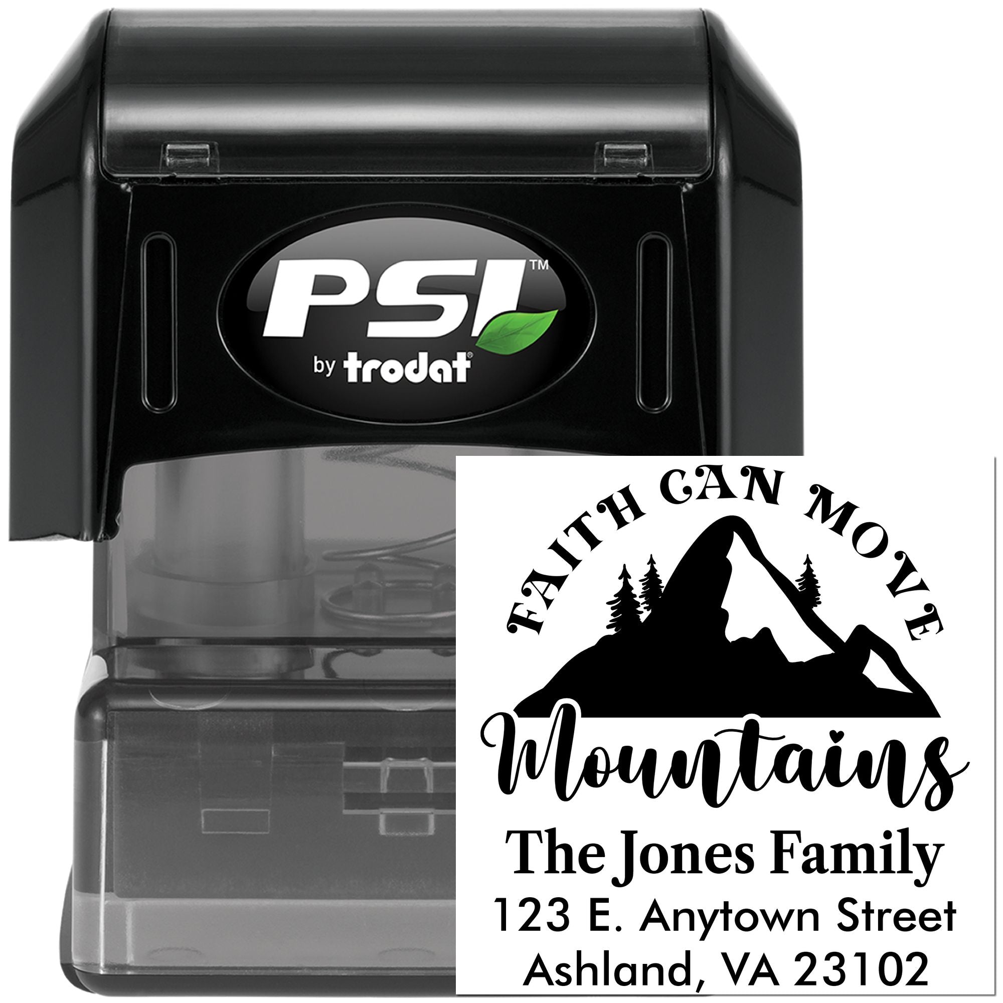 PSI by Trodat self-inking rubber stamp with custom mountain-themed family address design for personalized mailing.