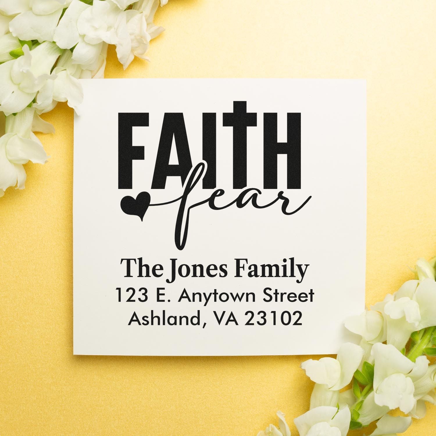 Custom faith heart family return address rubber stamp with The Jones Family name and address