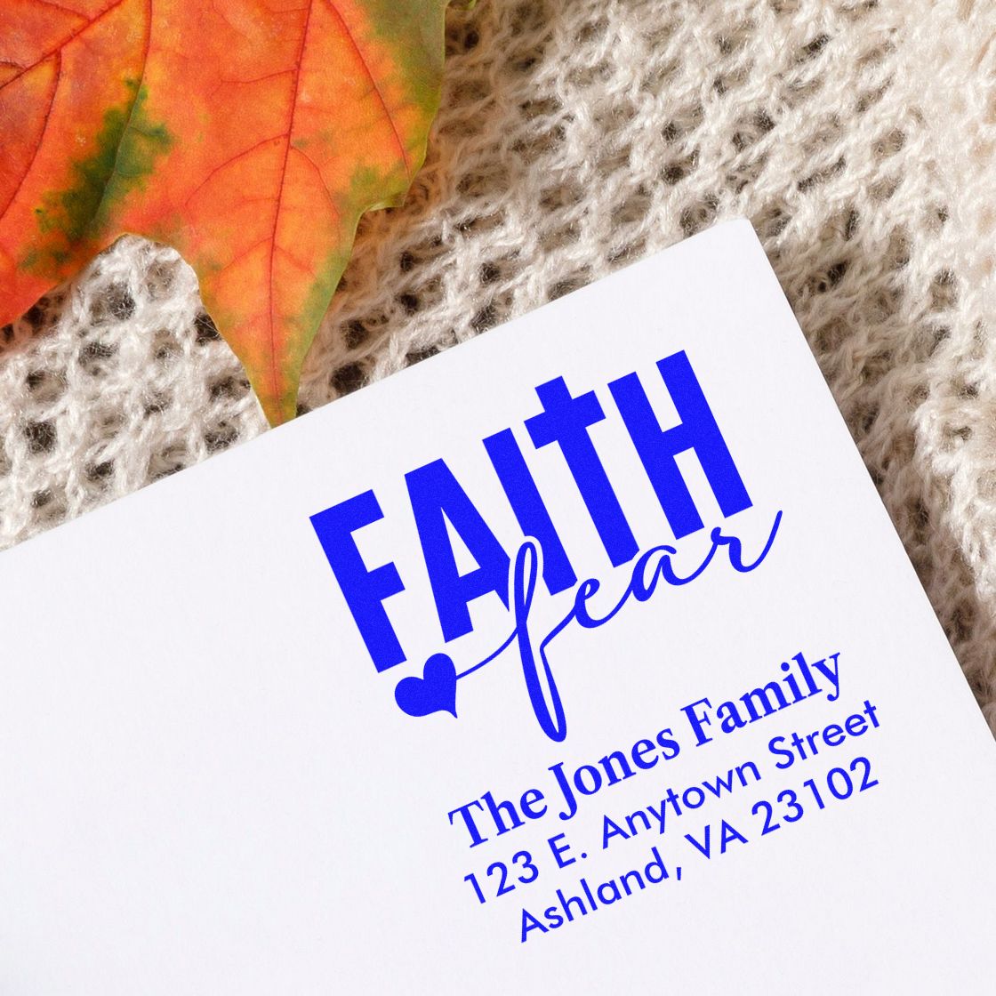Custom faith heart address rubber stamp for The Jones Family, with personalized return address design.