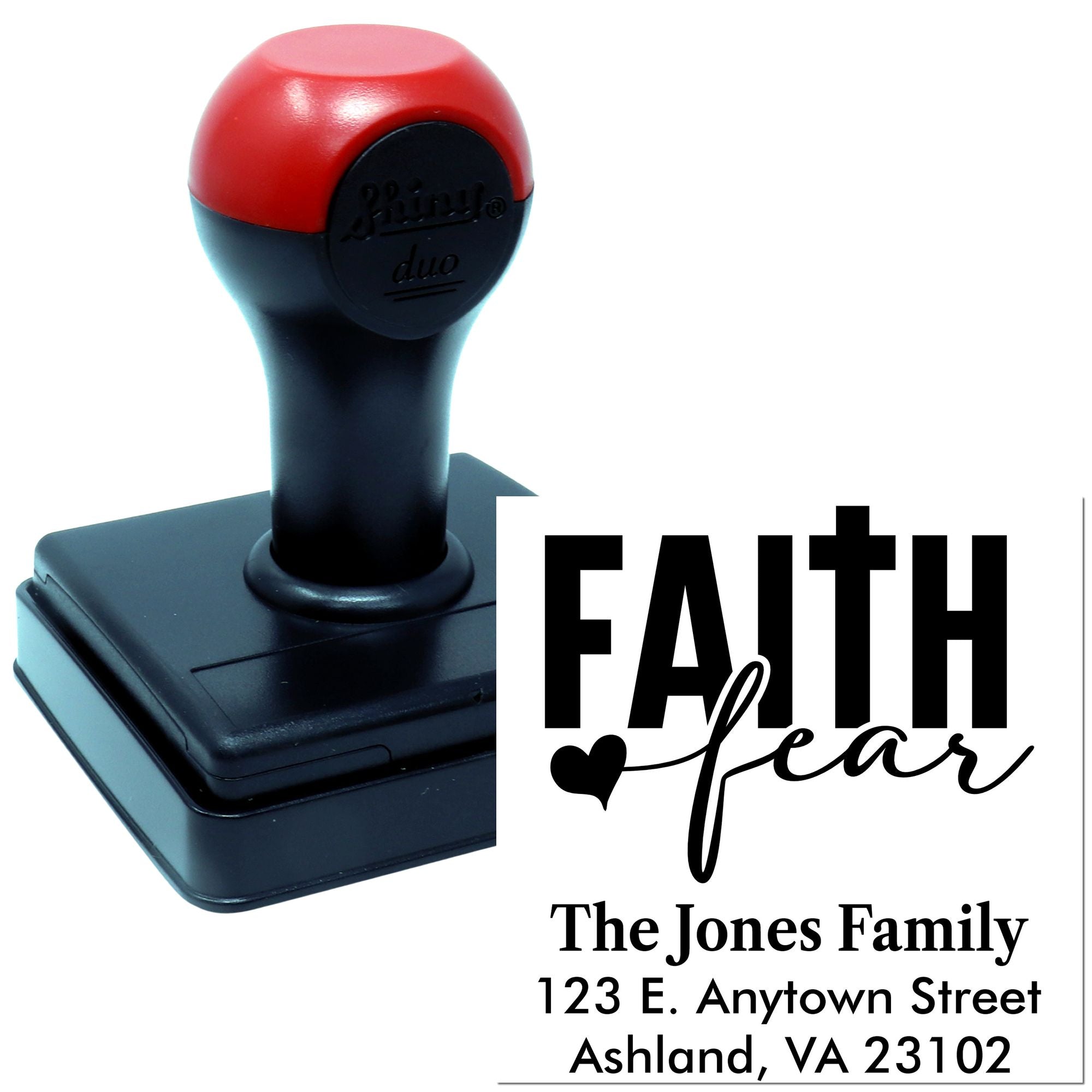 Custom Faith Over Fear return address rubber stamp for The Jones Family, personalized mailing and stationery.