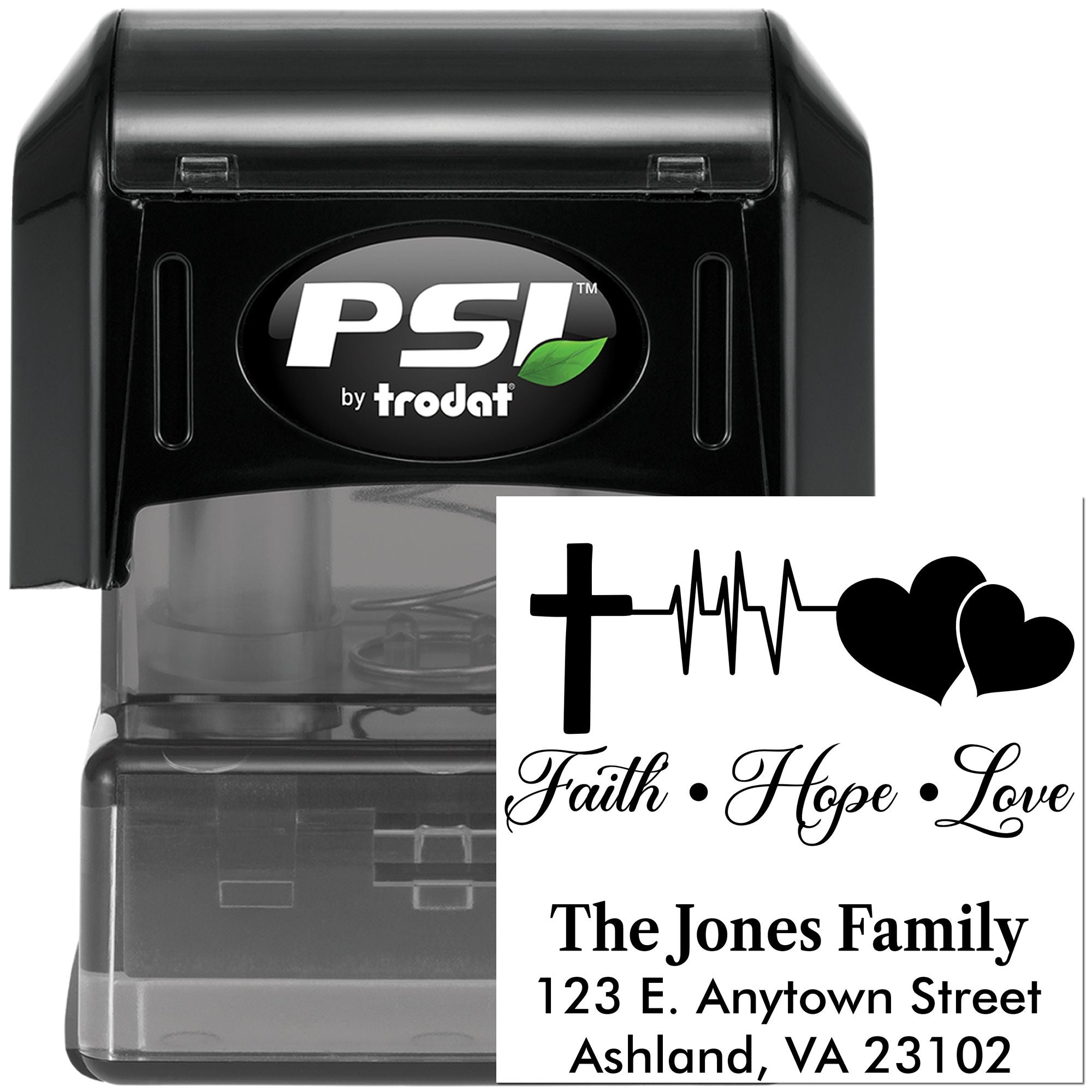 PSI by Trodat self-inking custom rubber address stamp with Christian Faith Hope Love family design