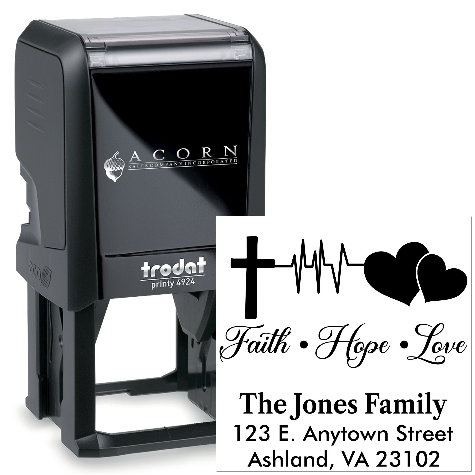 Custom self-inking rubber stamp with Faith Hope Love design and family address imprint, Trodat Printy 4924.