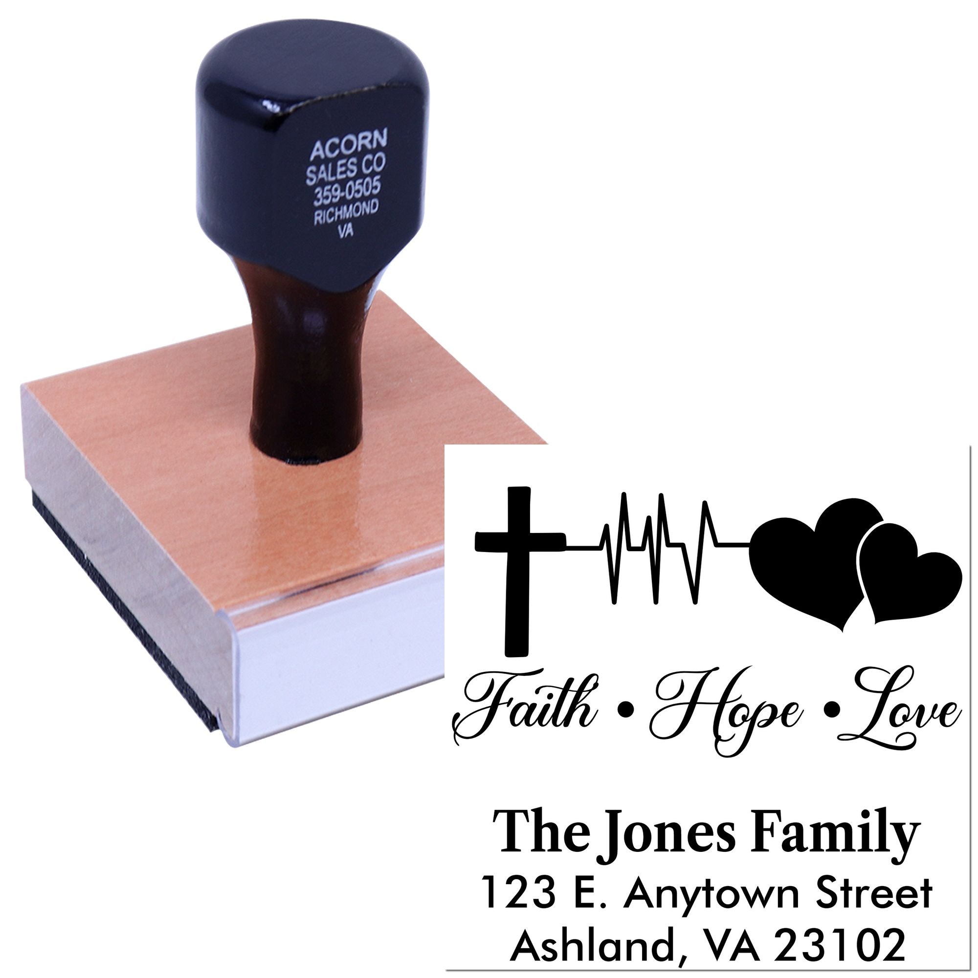Custom address rubber stamp with Faith Hope Love design and family name for personalized home or church use.