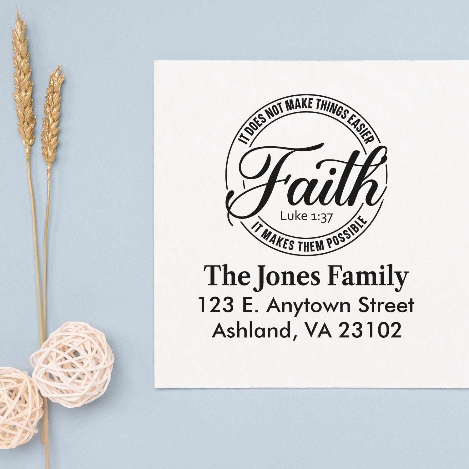Custom faith return address rubber stamp with family name, address, and Luke 1:37 verse for personalized Christian mailings.