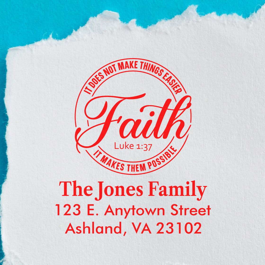 Custom faith return address rubber stamp for The Jones Family, featuring Luke 1:37 inspirational Christian design.