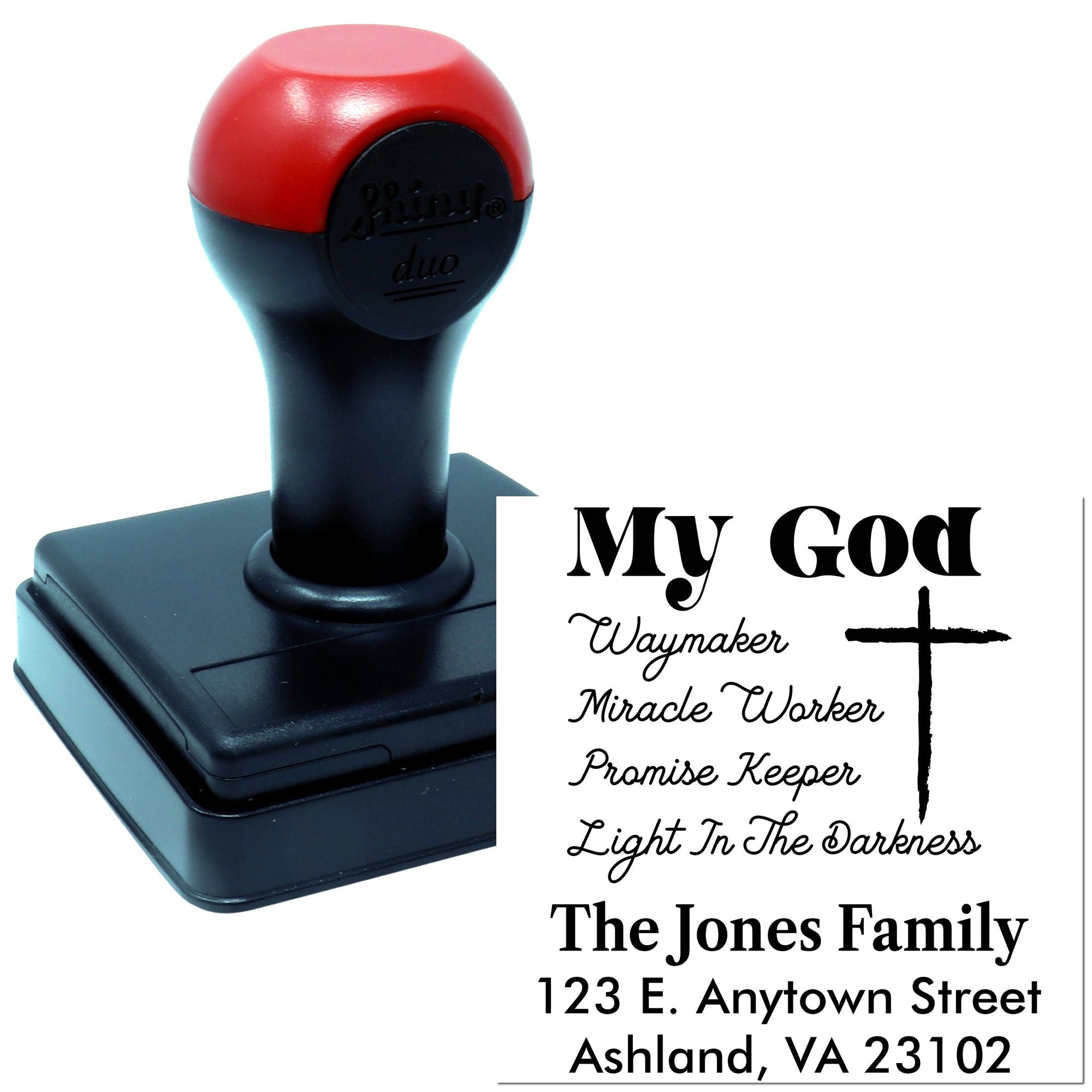 Custom Christian address rubber stamp with cross, My God Waymaker design, and The Jones Family return address.