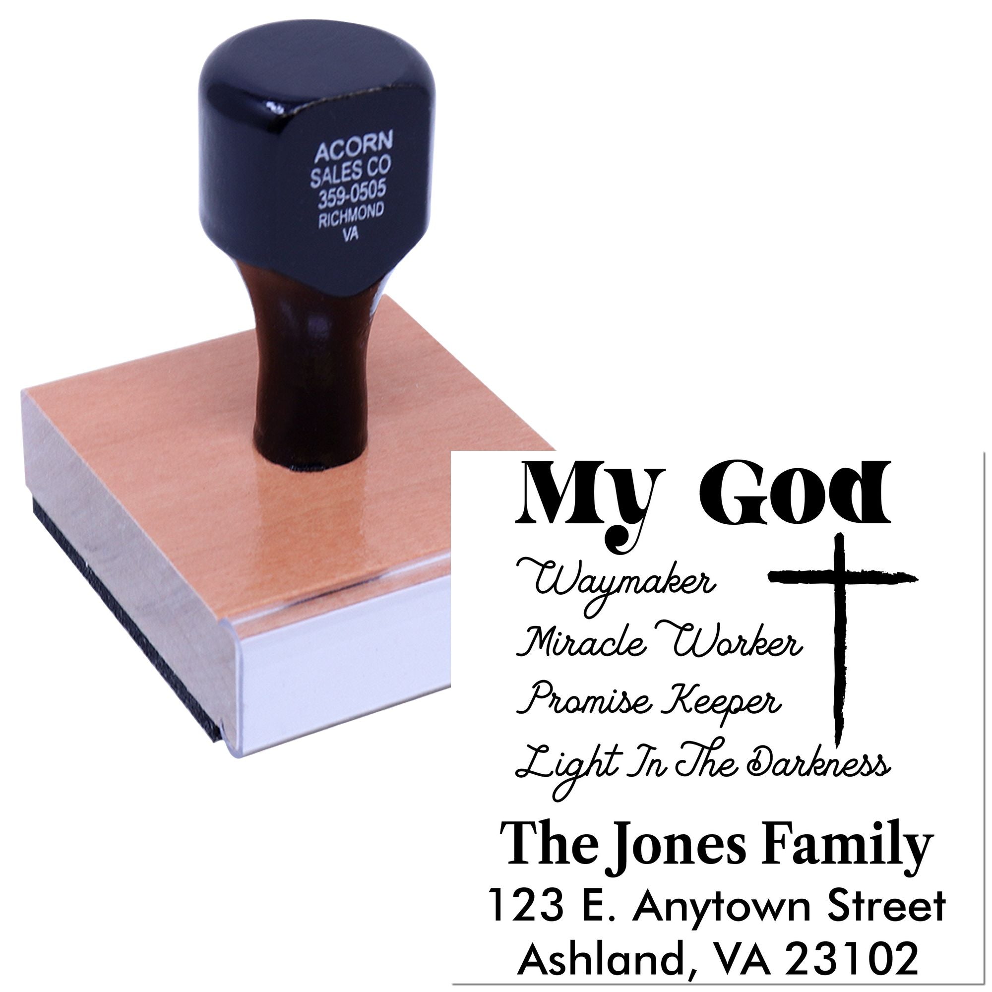 Custom Christian rubber stamp with cross, faith quote, and personalized family return address for church, ministry, or outreach use