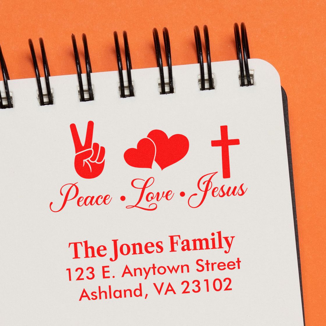 Custom return address rubber stamp with Peace Love Jesus design, ideal for Christian family mail and craft projects.