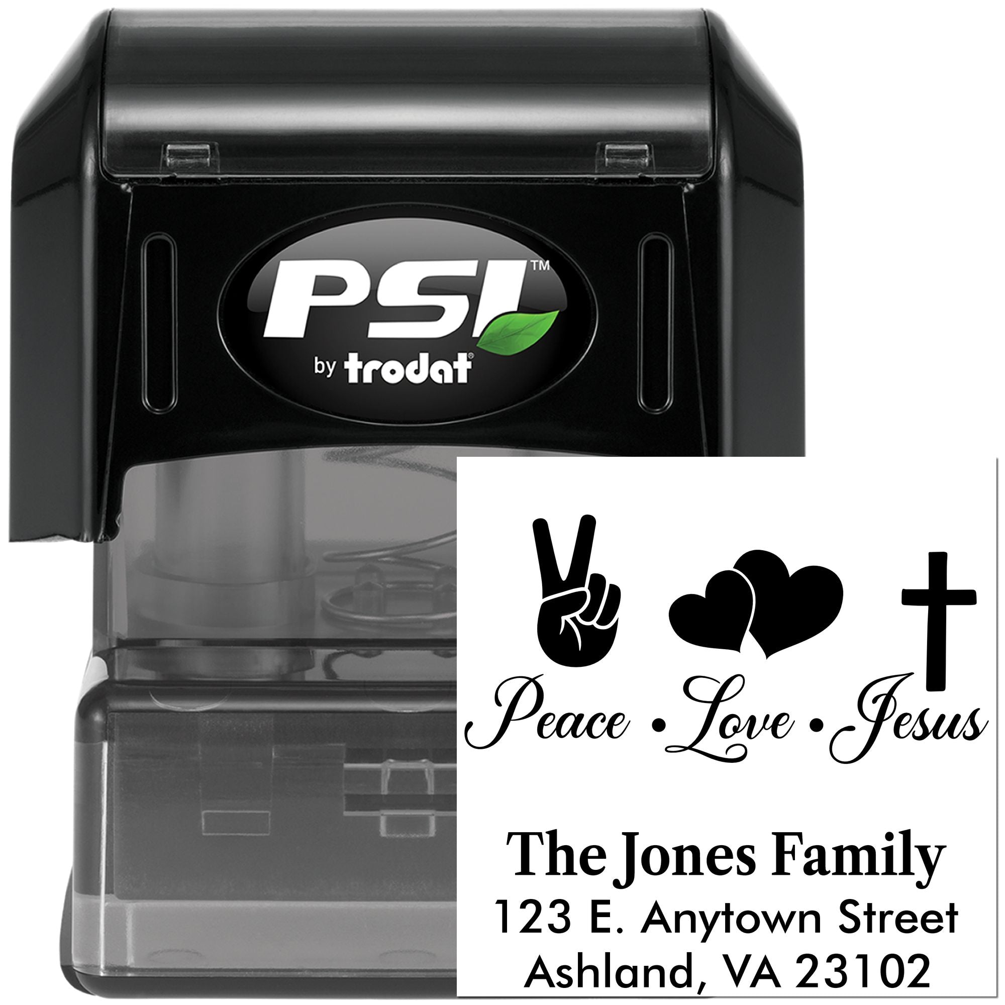 Custom self-inking rubber address stamp by PSI/Trodat with Peace, Love, Jesus Christian family design and address example