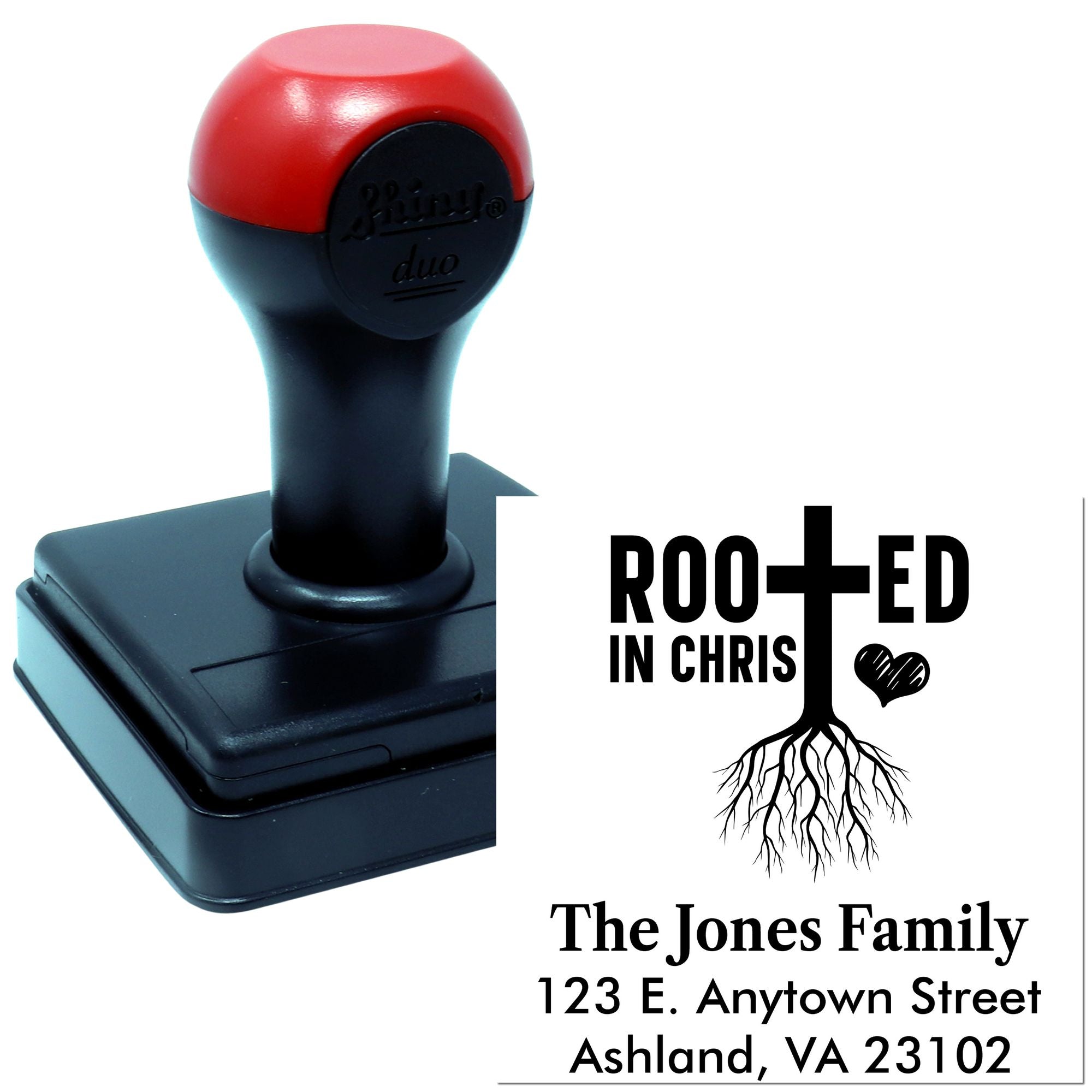 Personalized self-inking rubber stamp with Christian Rooted in Christ family address design for church mailings and gifts.