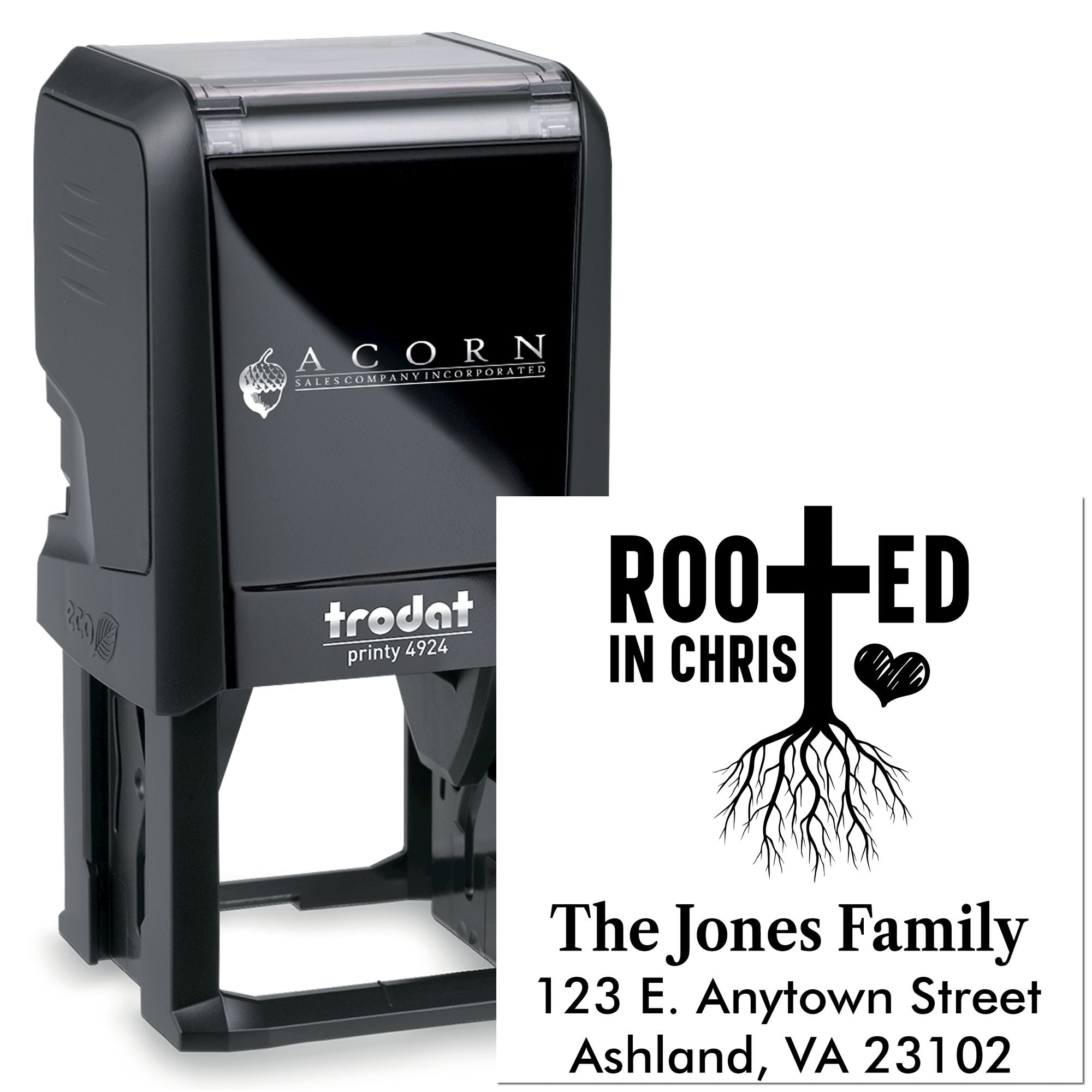 Custom self-inking rubber address stamp with Rooted in Christ family name and address design for personalized mailings
