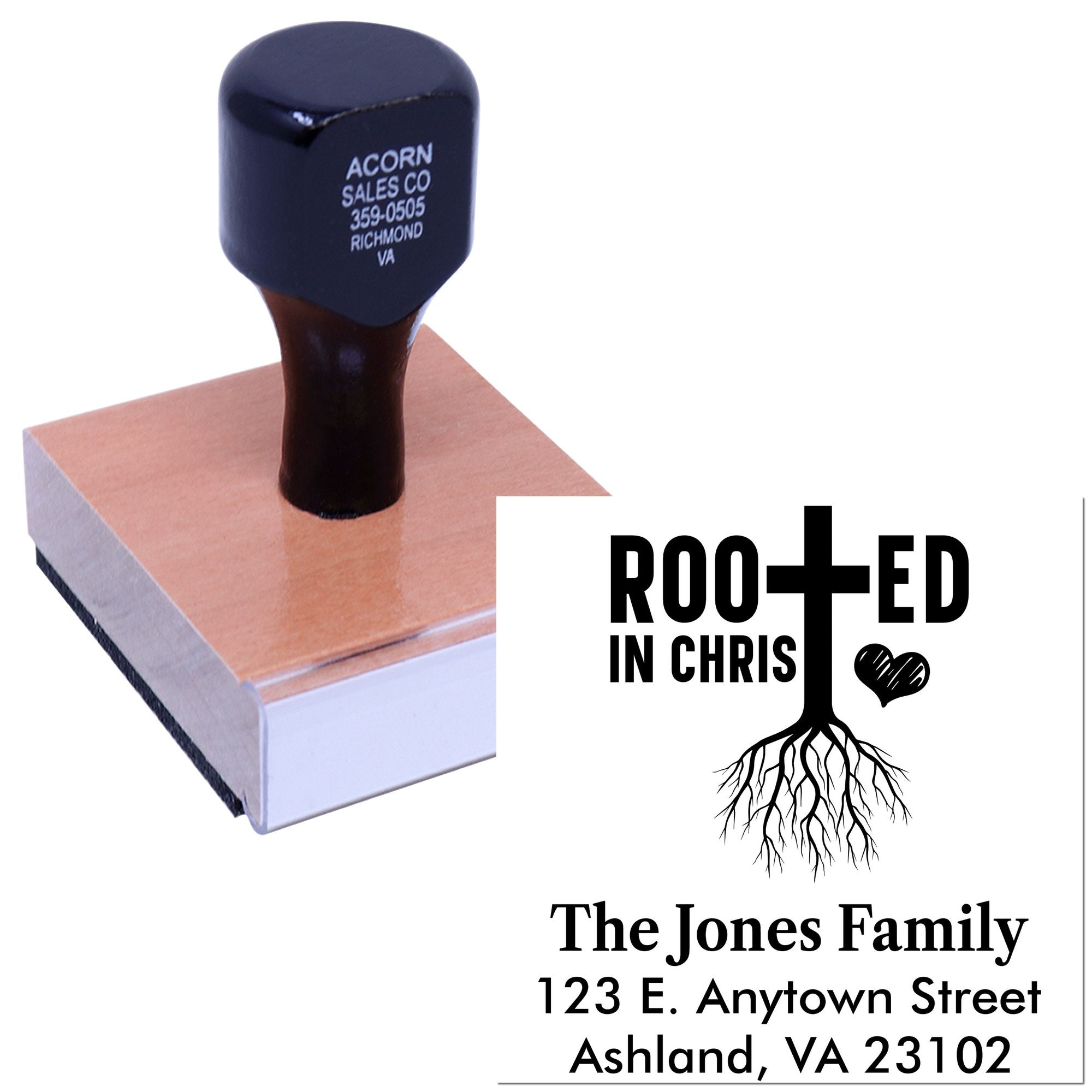 Custom Christian address rubber stamp with Rooted in Christ family name and return address design.