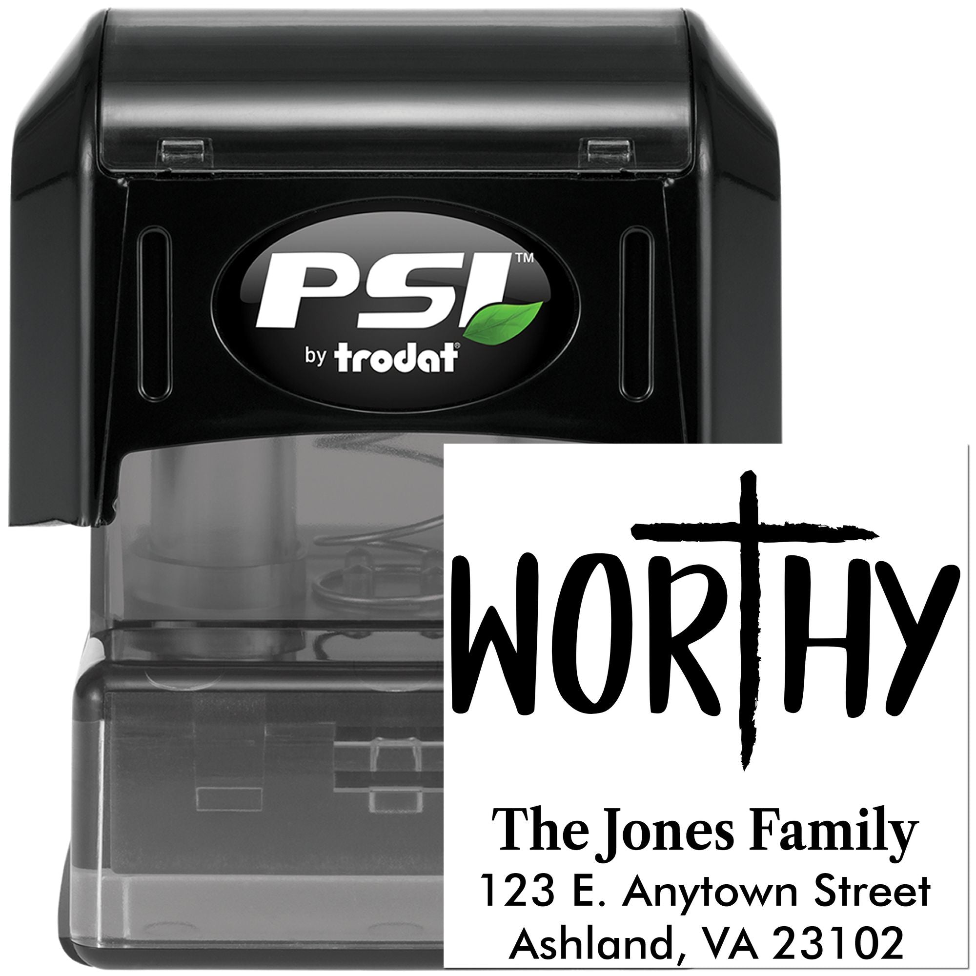 Custom self-inking rubber address stamp with WORTHY design for The Jones Family, 123 E. Anytown Street, Ashland, VA 23102.