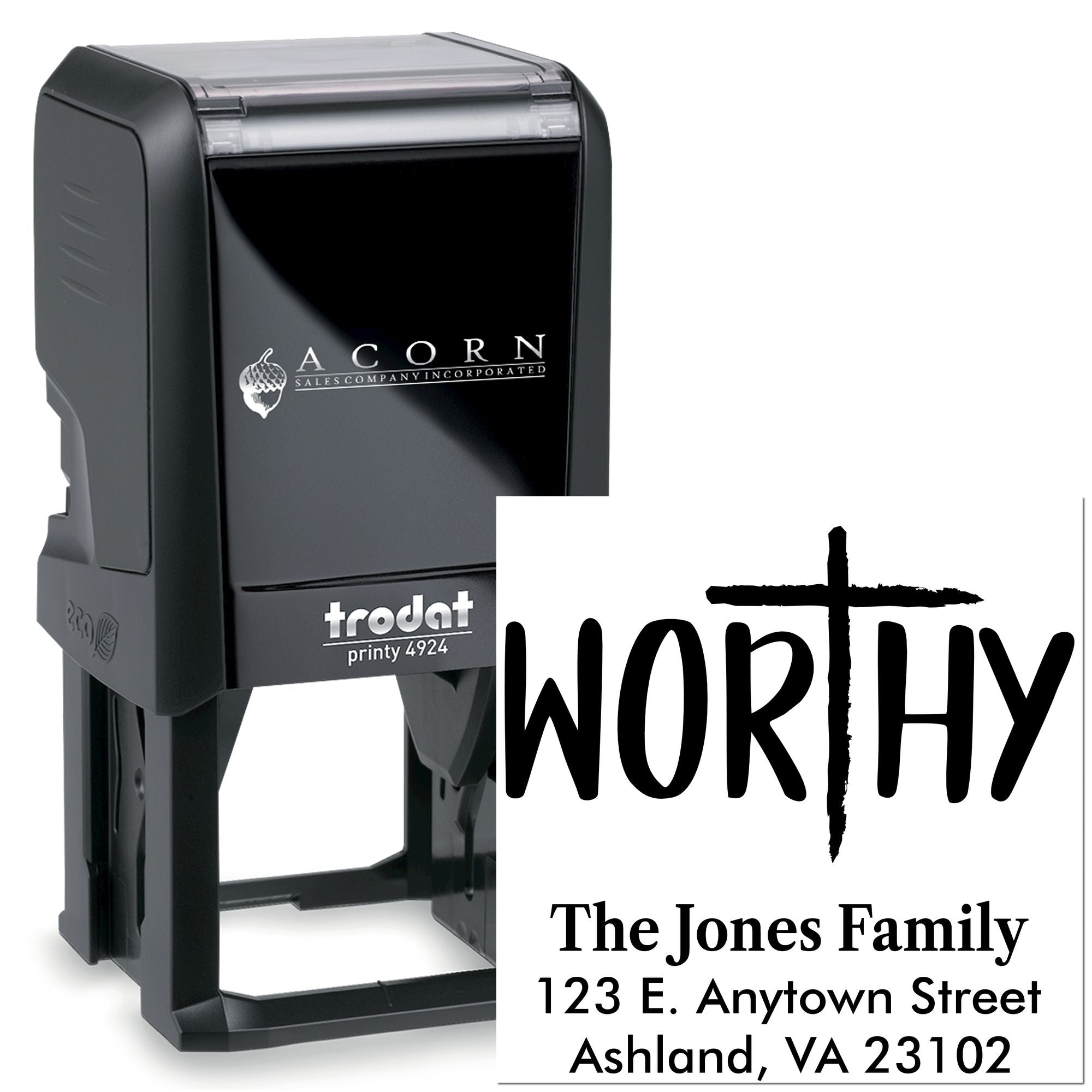Custom self-inking Trodat rubber stamp with WORTHY design and The Jones Family address for personalized mail.