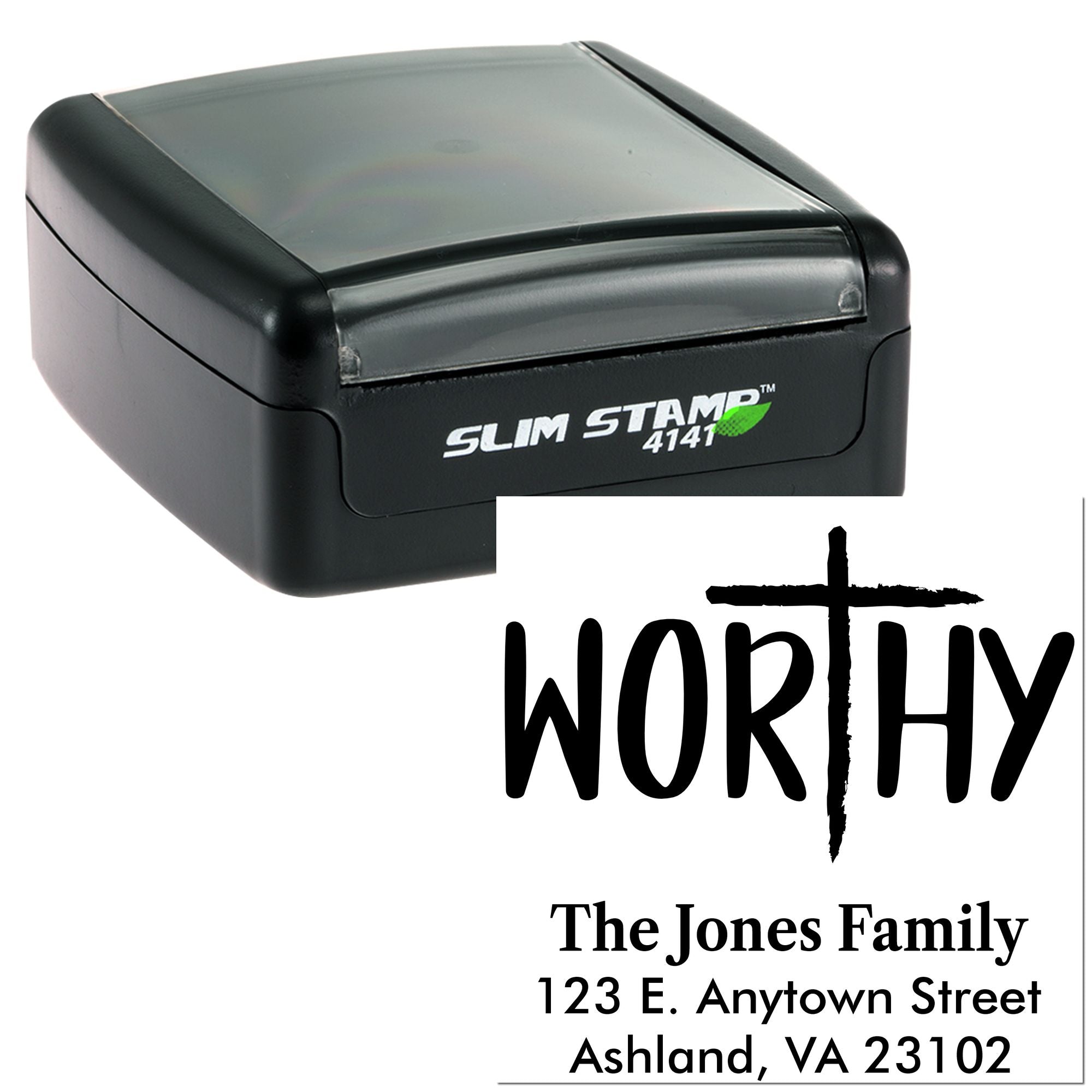 Slim Stamp 4141 custom address rubber stamp with Worthy family name and return address imprint