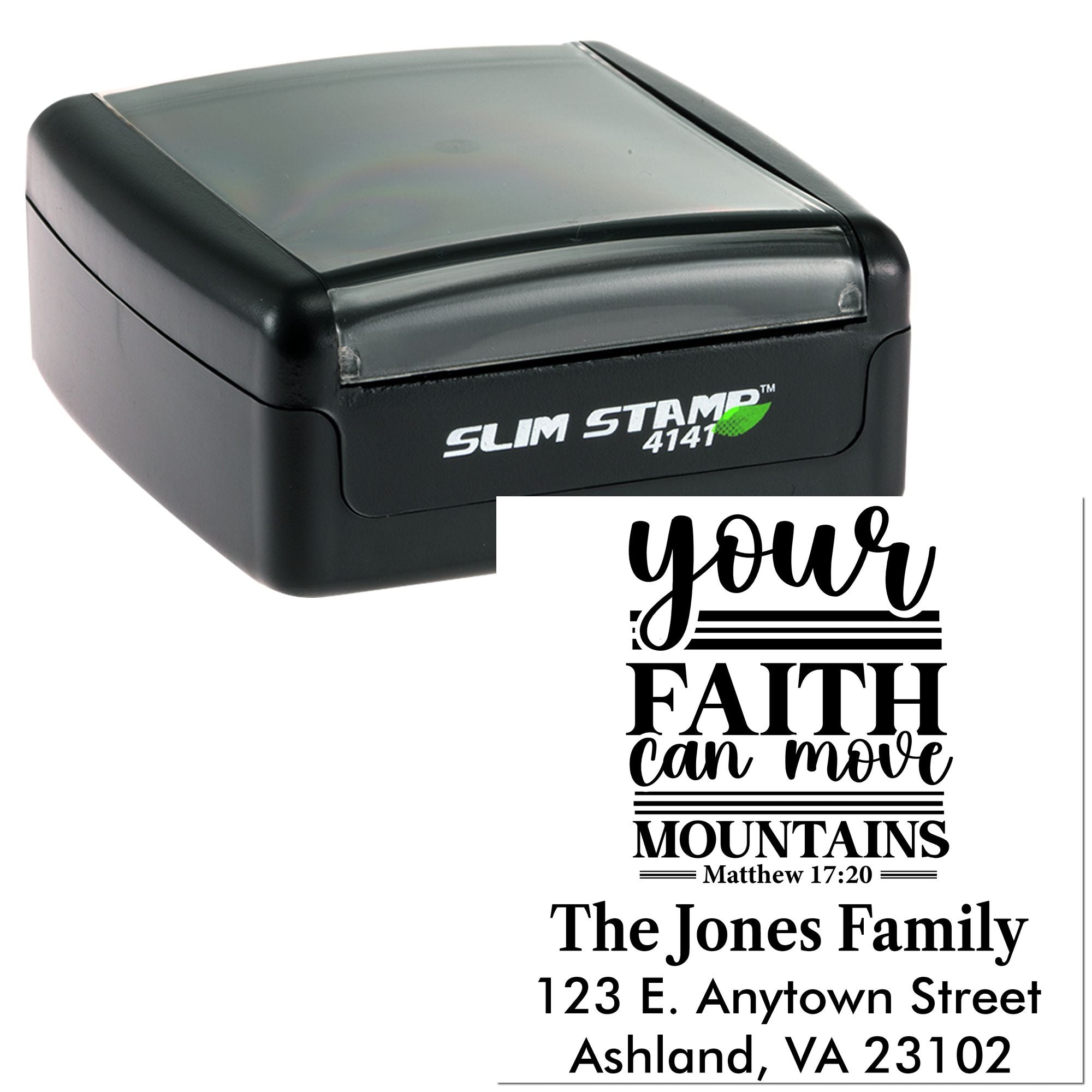 Slim Stamp self-inking rubber stamp with custom faith quote and return address design for personalized mailing.