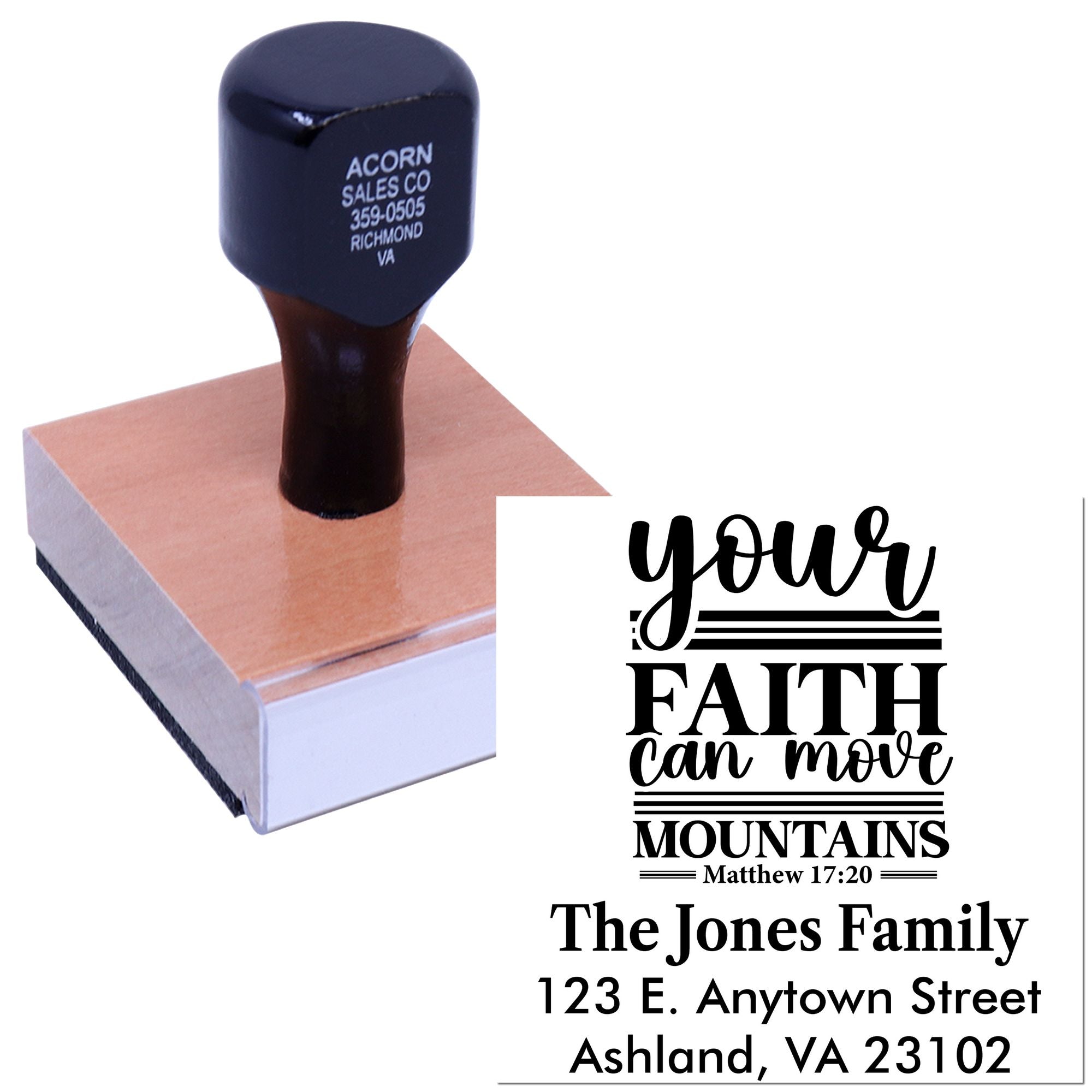Custom Christian rubber stamp with your faith can move mountains verse and family address imprint for personalized mailing.
