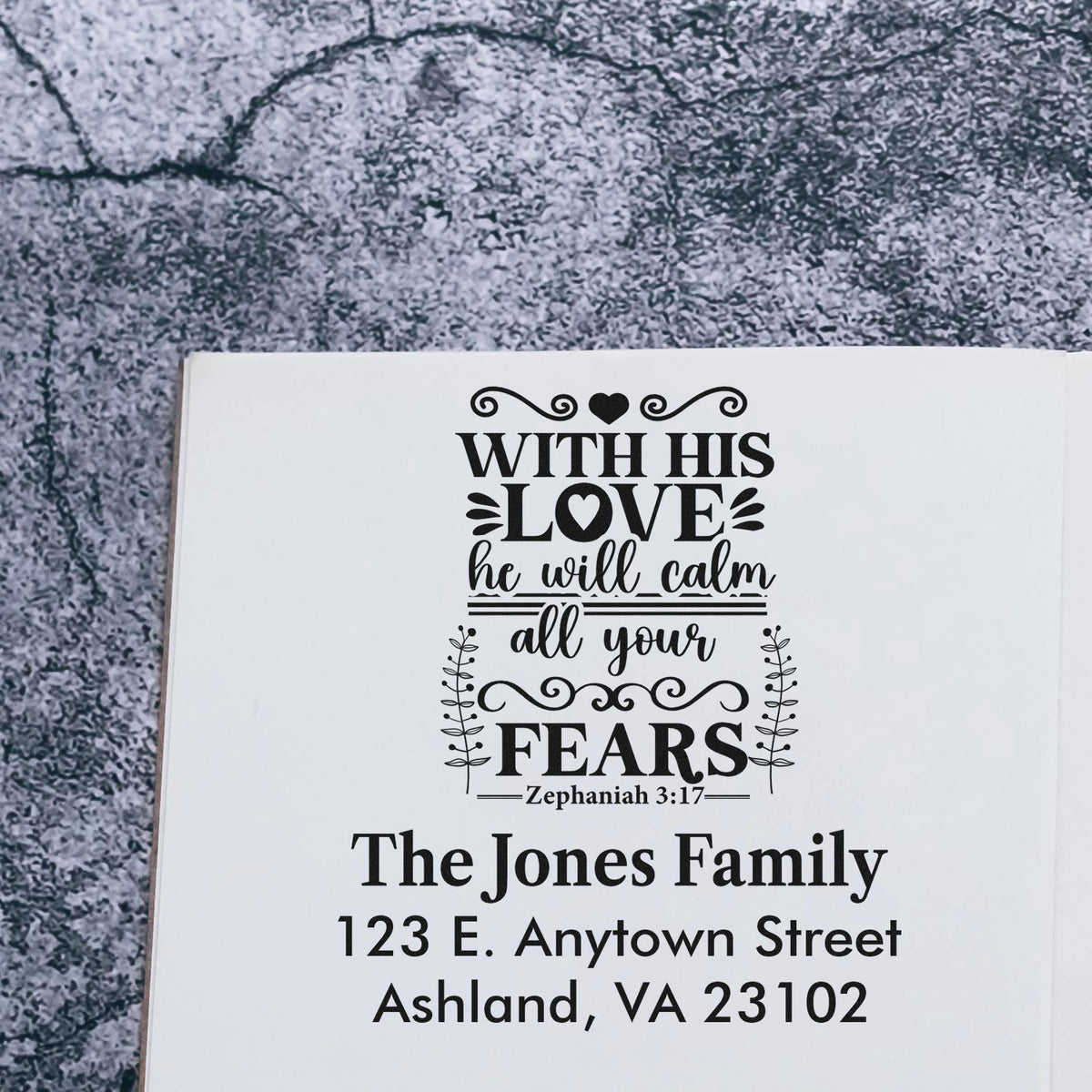 Personalized Christian return address rubber stamp with Bible verse and family name in elegant script design.