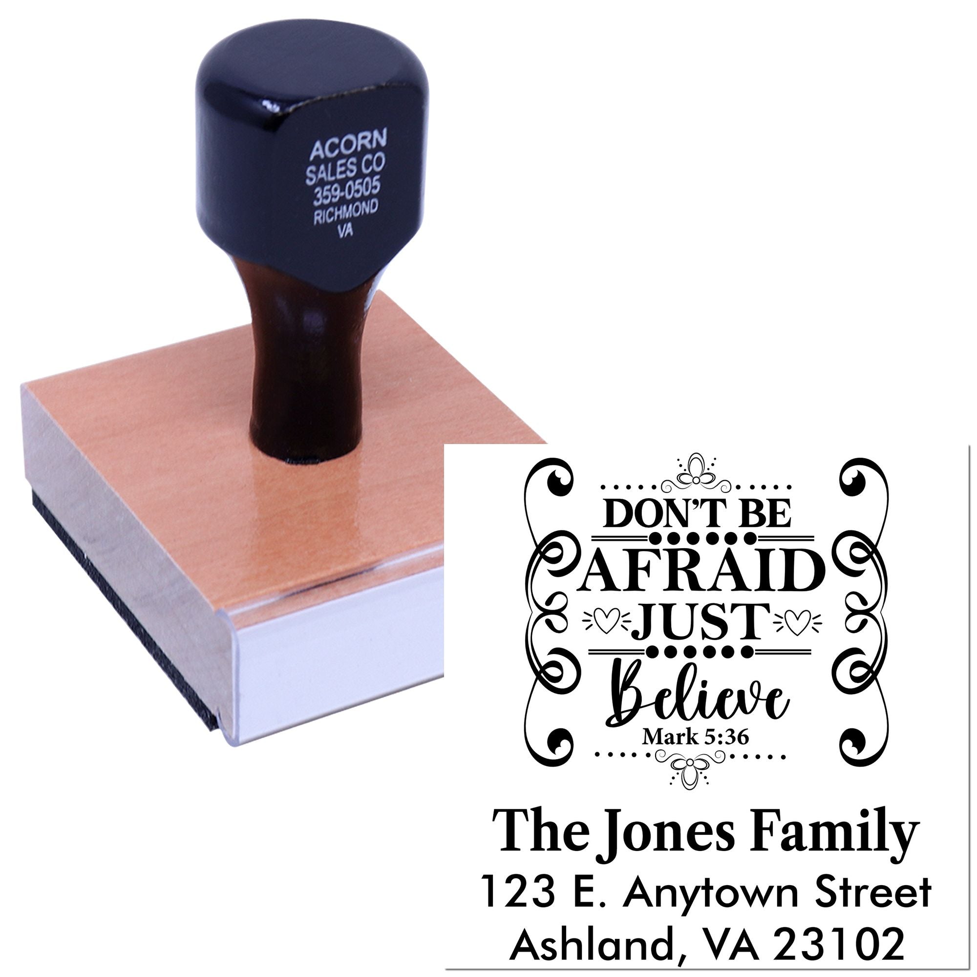 Example of a custom rubber stamp with inspirational Christian quote and return address for personalized stationery.