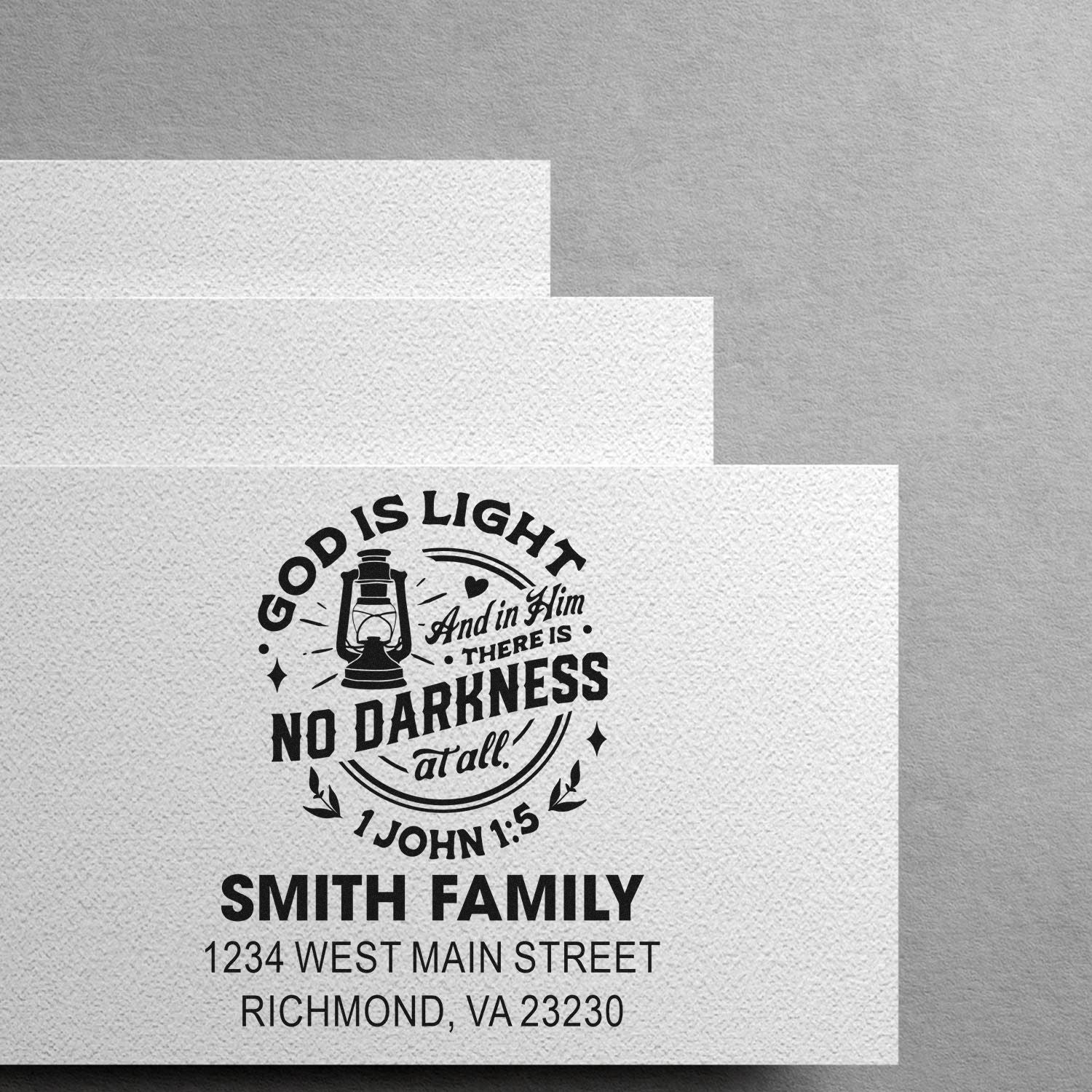 Personalized Christian return address rubber stamp with Bible verse, lantern design, Smith Family, Richmond, VA 23230