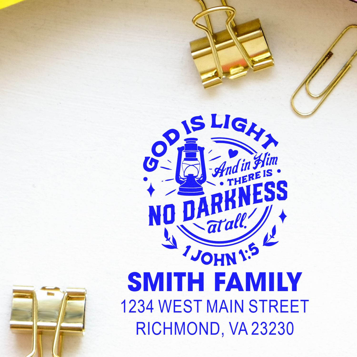 Personalized rubber stamp impression with Bible verse, Smith family name, and Richmond, VA address.